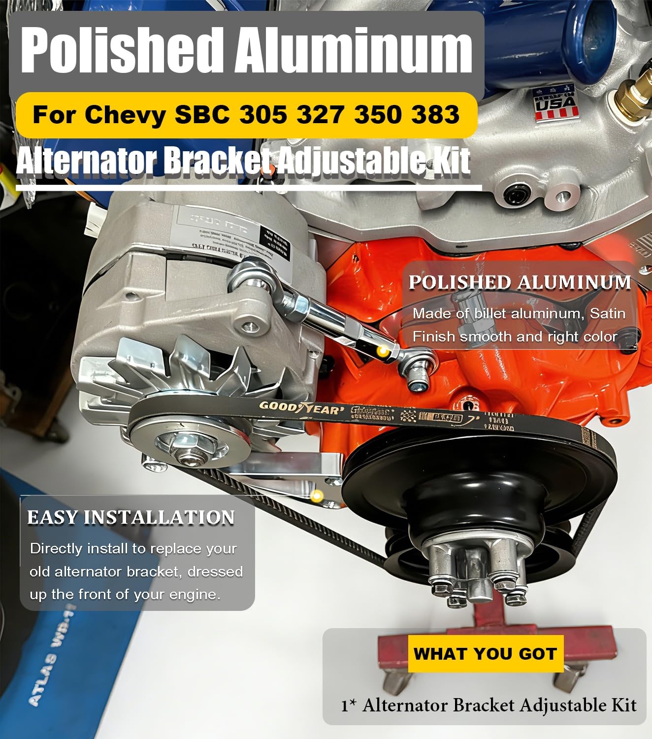 Billet Alternator Bracket Adjustable Kit Fits for Chevy SBC 305 327 Silver