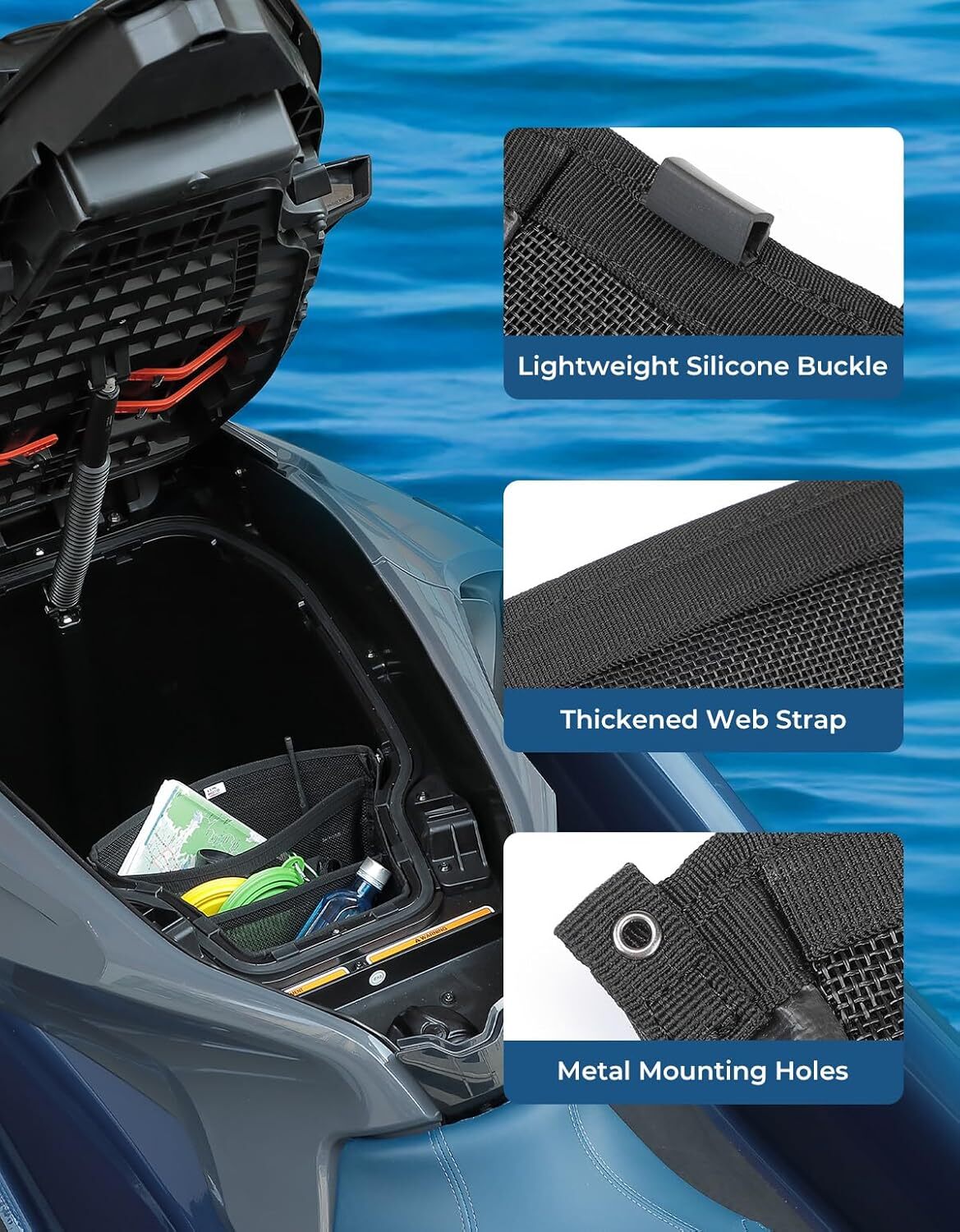KEMIMOTO Jet Ski Organizer Bag 3-Layer Mesh Storage Bag Fishing Boat Accessories