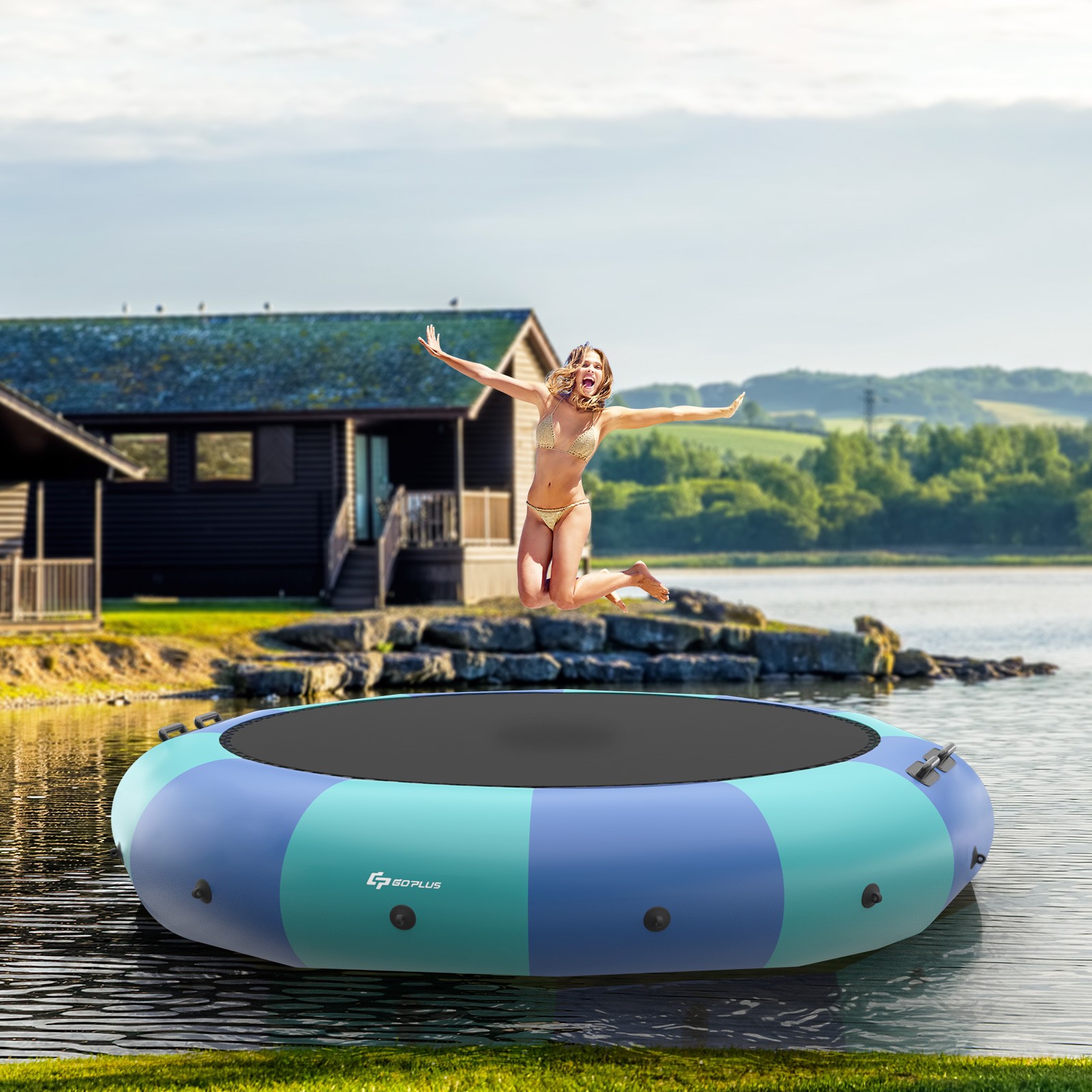 Goplus 15FT Inflatable Water Bouncer Splash Padded Water Trampoline Blue & Green