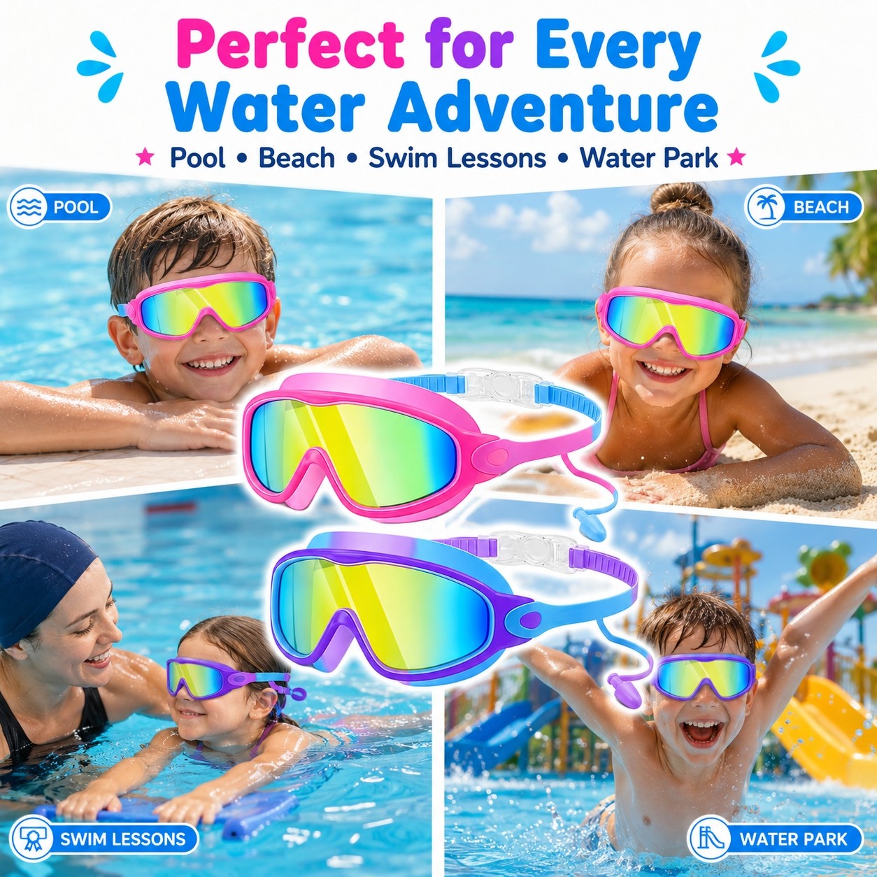 4 Pack Children’s Swimming Goggles,With Nose Clip & Earplug,3-14 Years Boy/Girl