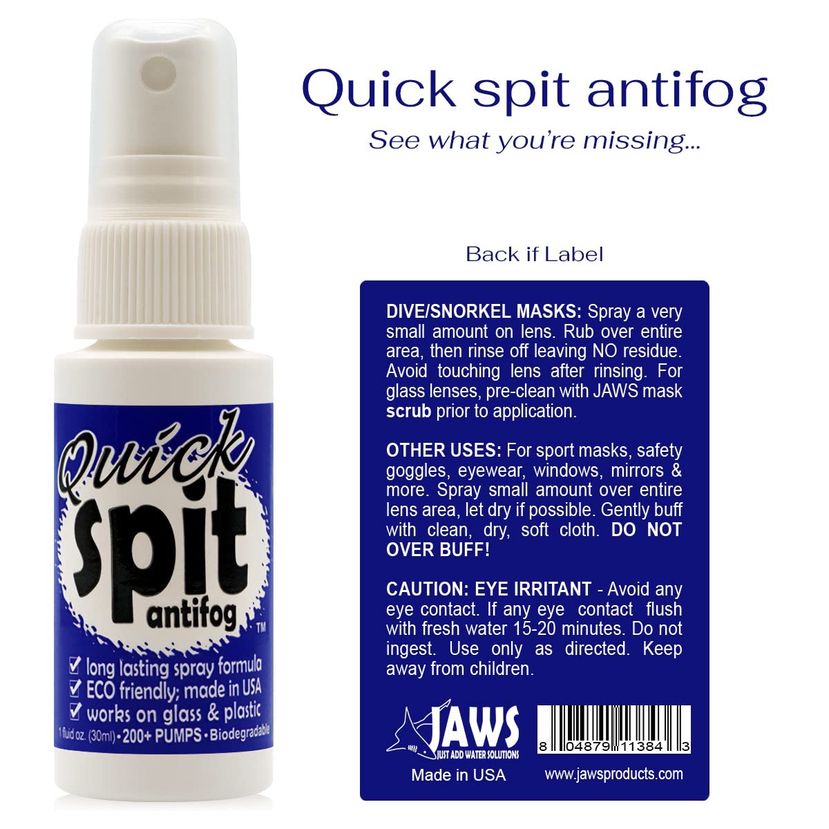 JAWS, Premium Anti-Fog Spray for Eye 1 Fl Oz (Pack of 2), 1 Ounce 2)
