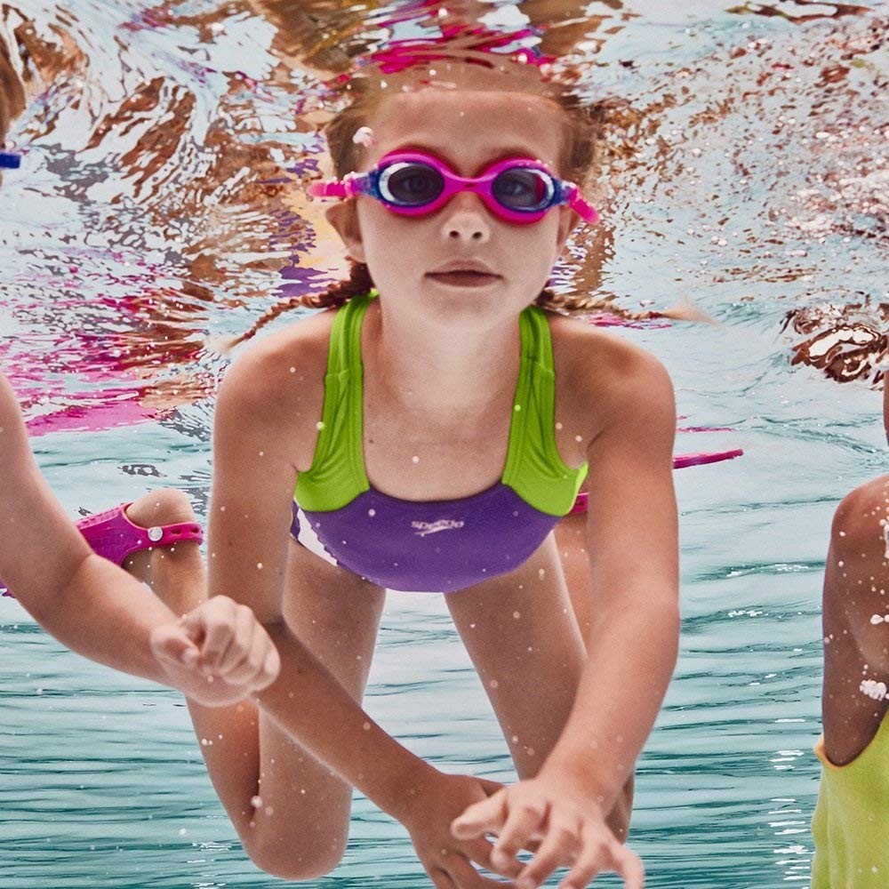 Speedo Unisex-Child Swim Goggles Skoogle Ages 3-8, One Size, Blue Pink/Grey