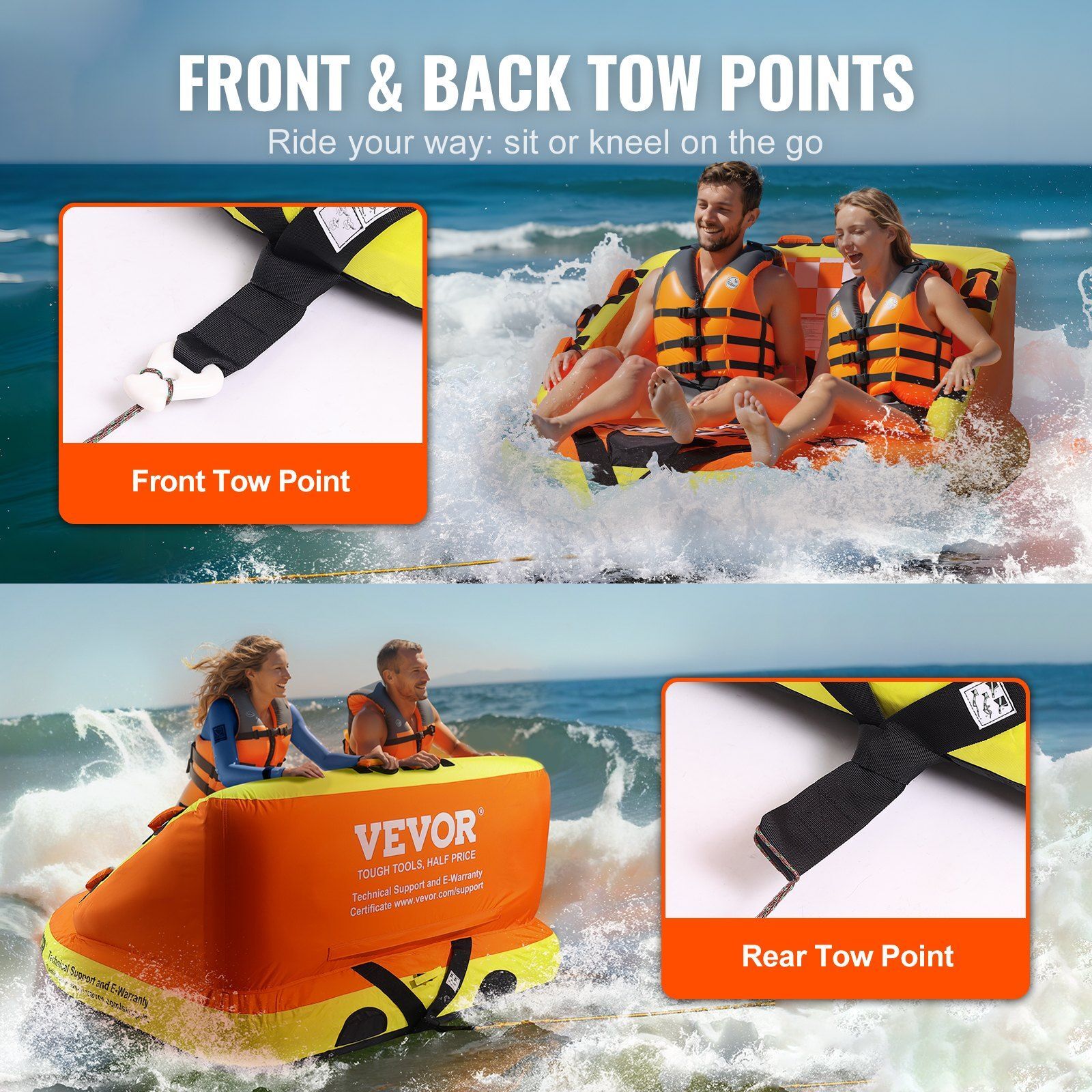 Towable Tube for Boating 1-2 Rider 340lbs Water Sport Tube w/Deck Seats&Backrest