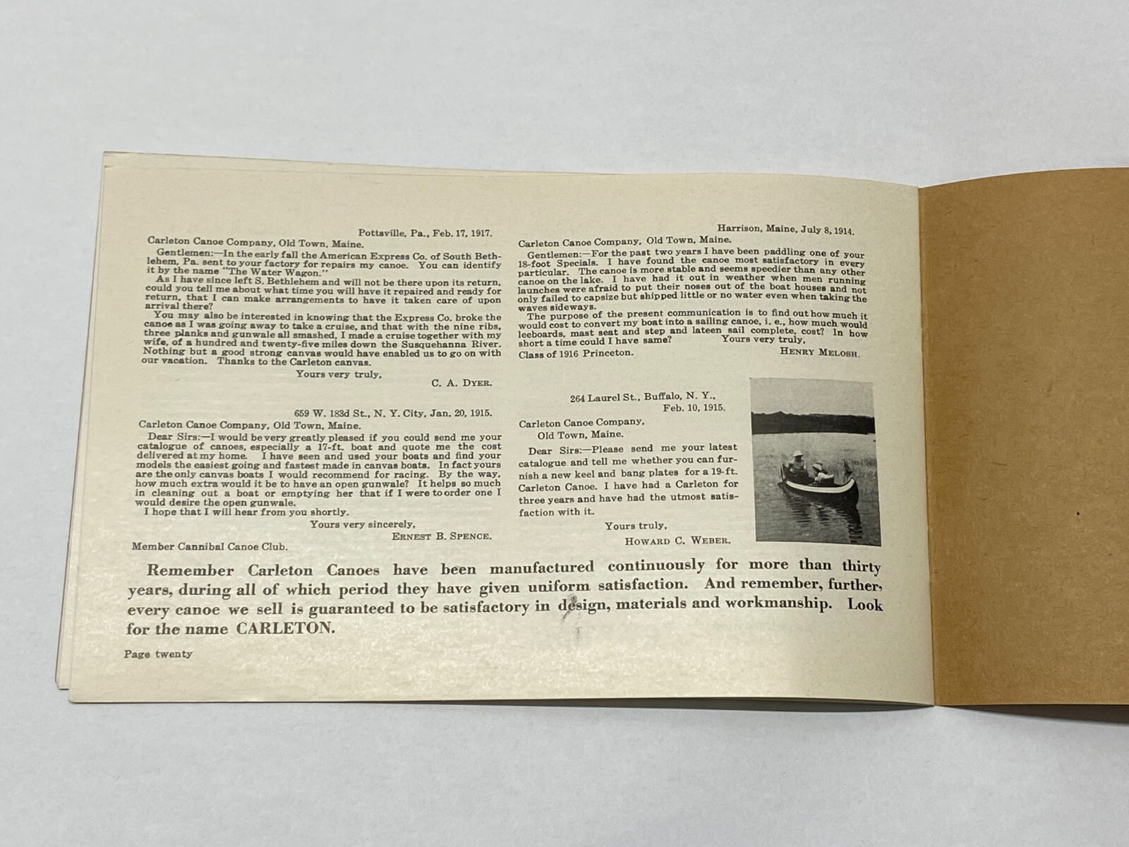 1919 Carleton Canoe Catalog / Booklet Old Town MAINE ME Canvas Paddles Seats C