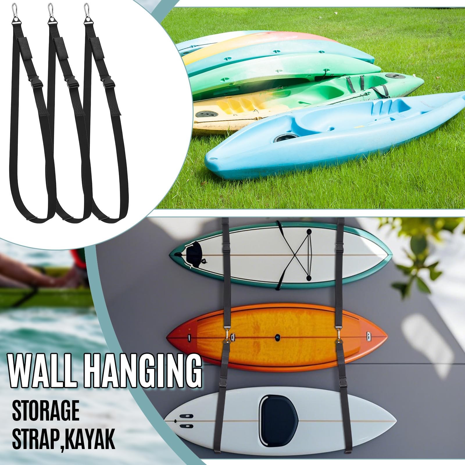 Kayak Hanging Straps for Storage 440lb Capacity 74″ Nylon Straps with Carabin…