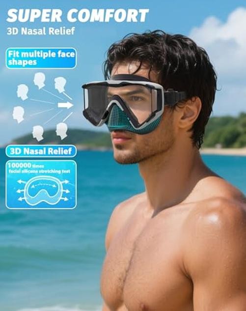 Snorkel Set Pano 3 Window Snorkel Mask Adult, Panoramic Wide Black Silver