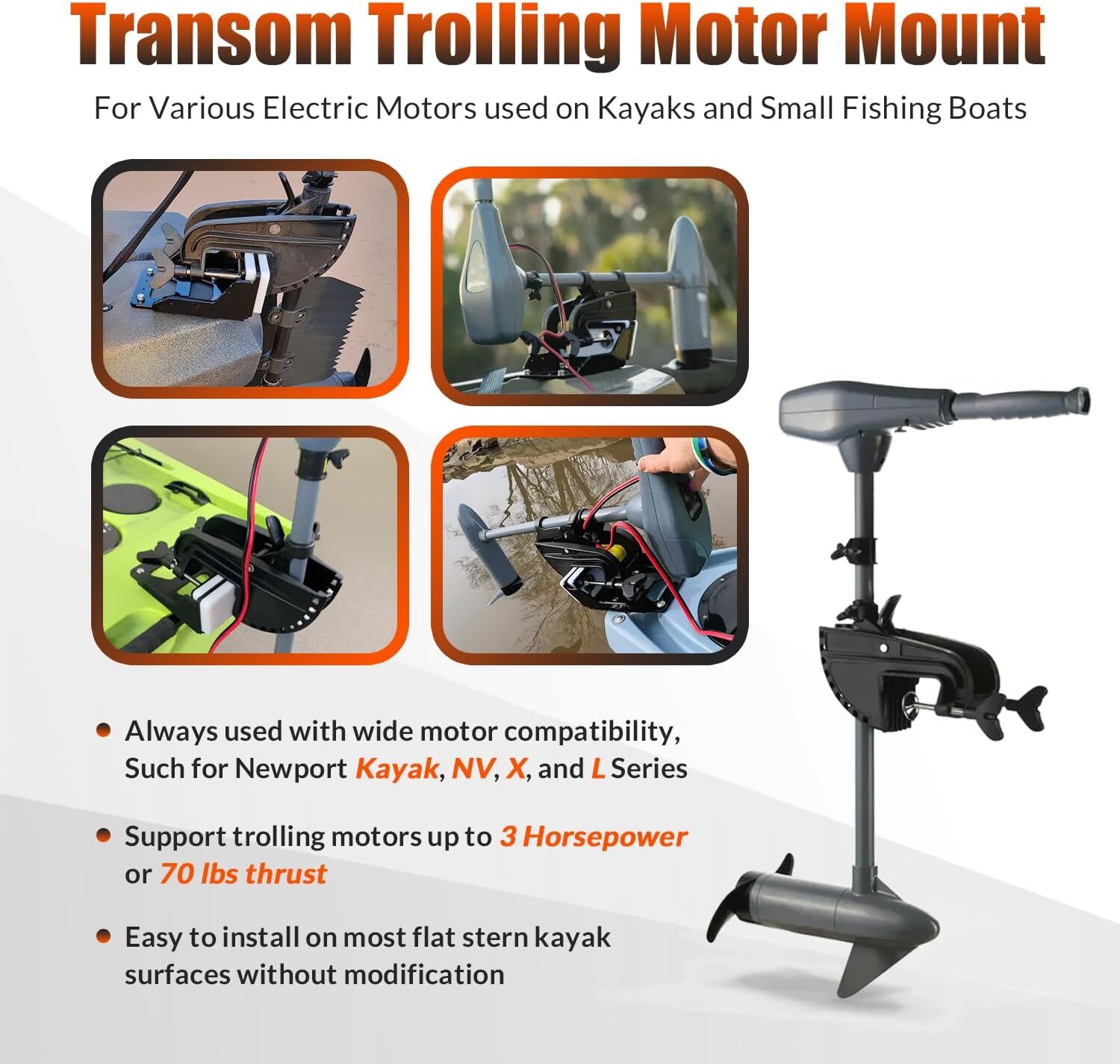 Black Transom Trolling Motor Mount 3HP Max Thrust for Kayak for Flat Stern Boats