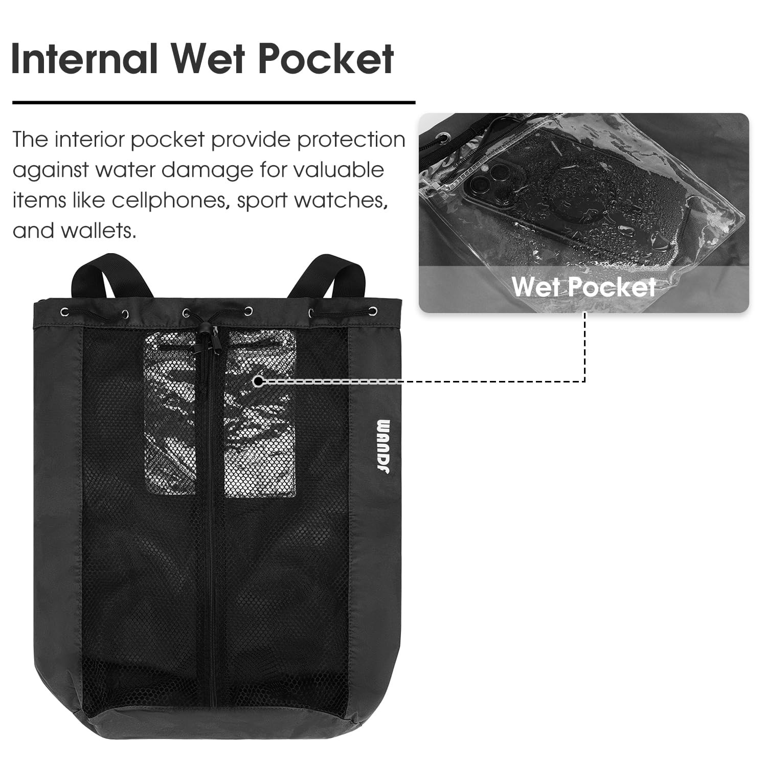 Black Mesh Drawstring Swim Bag for Swimmers with Wet Pocket Adjustable Beach