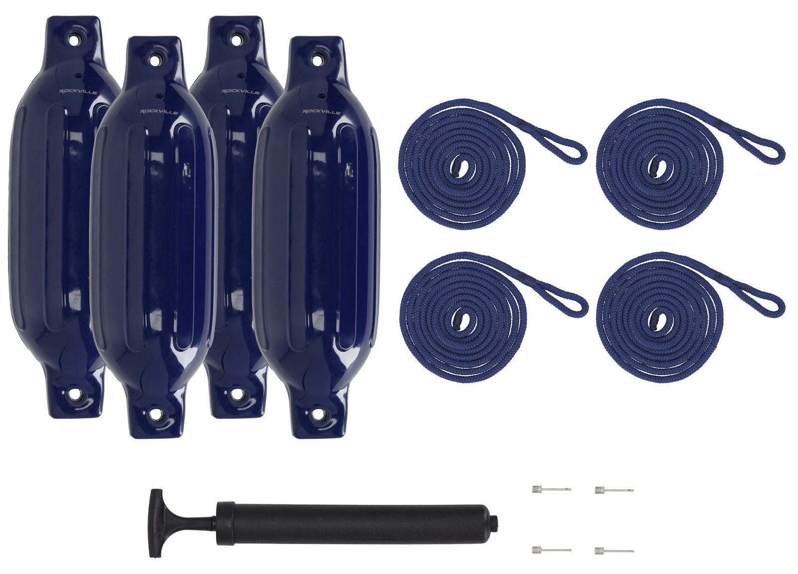 Rockville FEN445-NAVY BLUE Boat Fender Package 4 Bumpers 4.5″x16″, 4 Lines+Pump