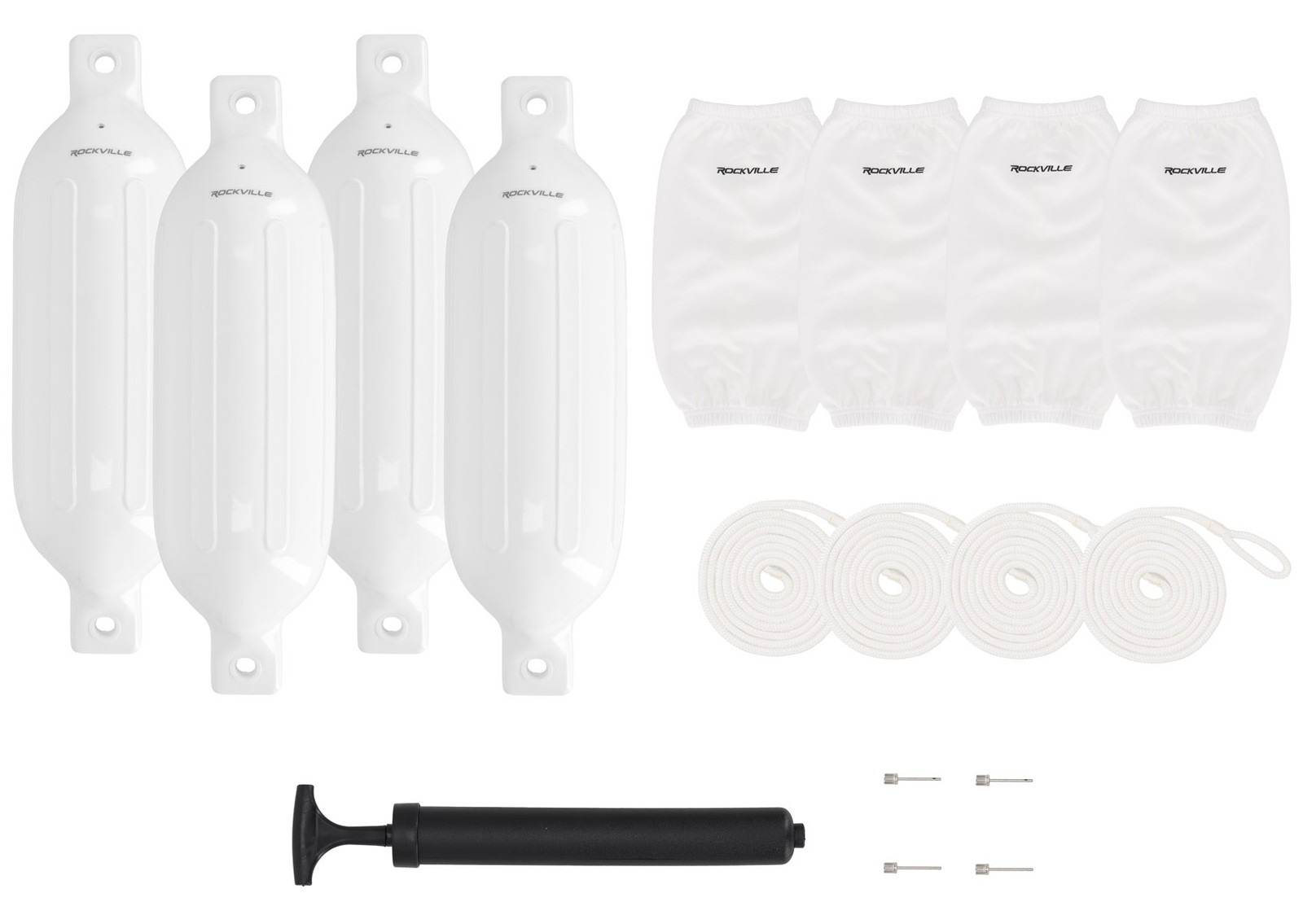 Rockville FEN465-WHITE Boat Fender Package 4 Bumpers 6.5″x23″, 4 Covers, 4 Lines