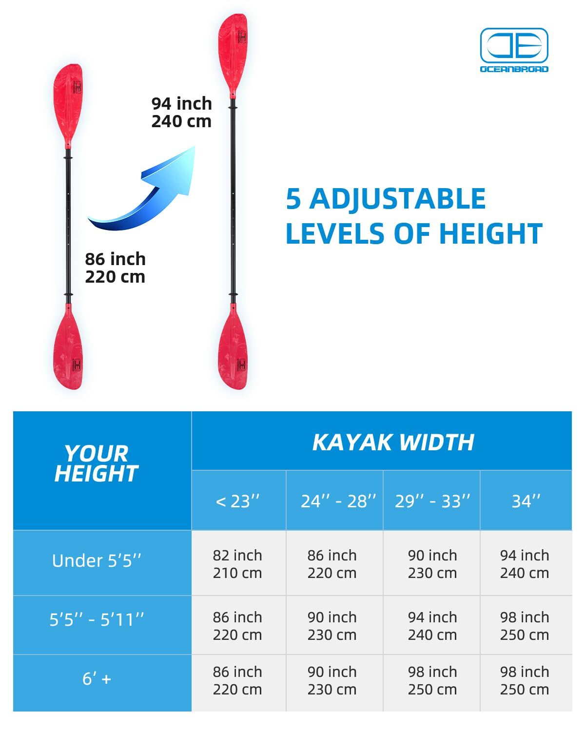 Adjustable Kayak Paddle 86in/220cm to 94in/240cm Kayaking Boating Canoeing Oa…