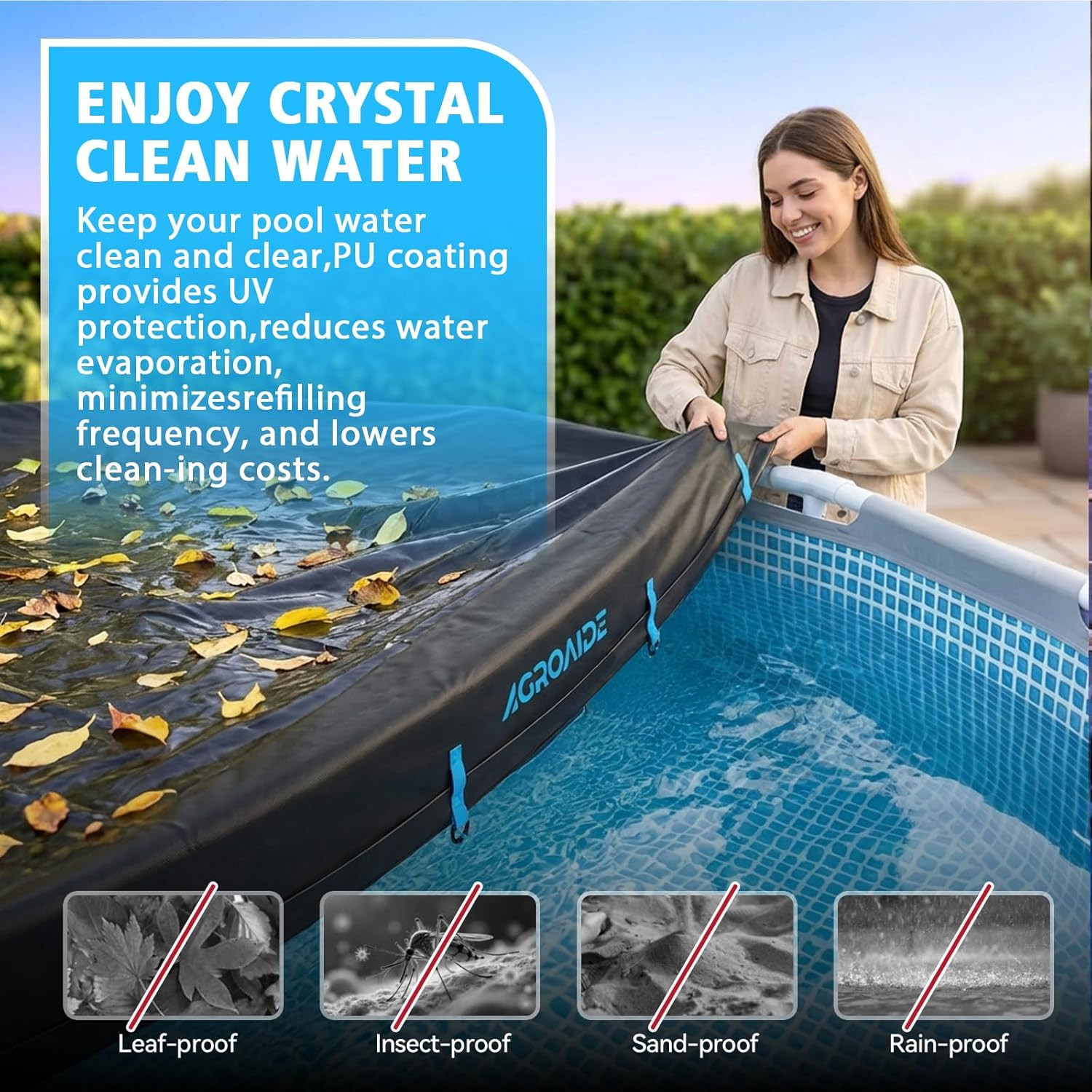16X32Ft Oval Pool Cover, Ratchet Tie down Strap, 420D Oxford Fabric for All Seas