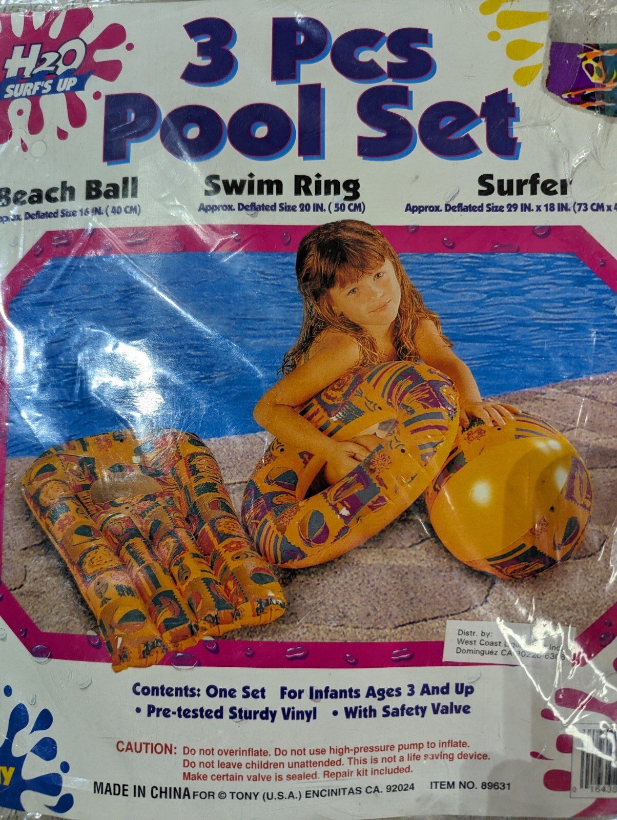 VTG Tony H2O Surf’s up 3 Piece Pool Set Beach Ball Swim Ring Surfer 90s Pattern