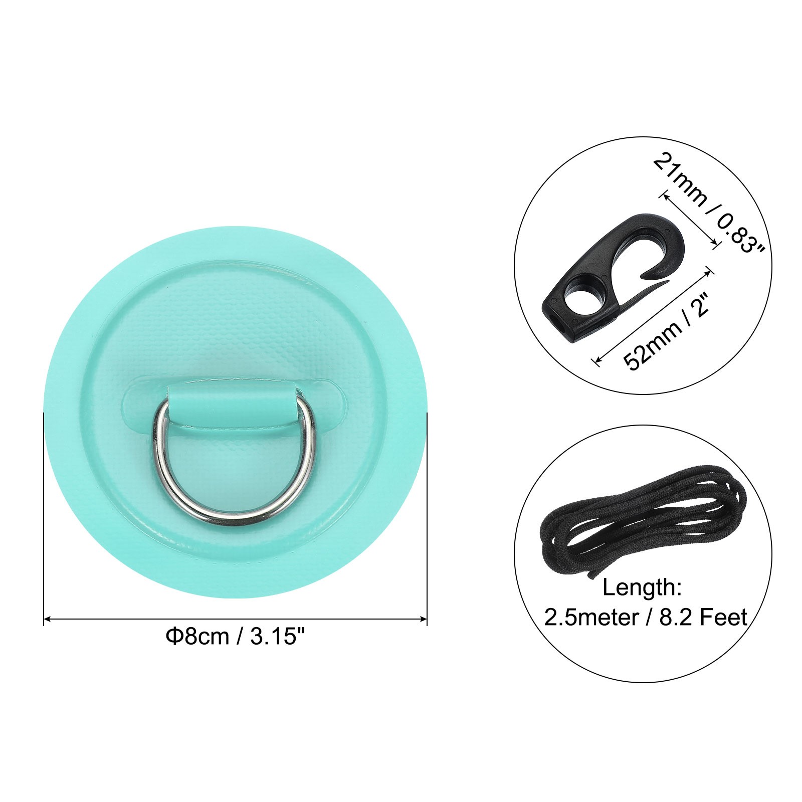 6Pcs Stainless Steel D-Ring Patch Round Patch with Elastic Cords & Hooks Cyan
