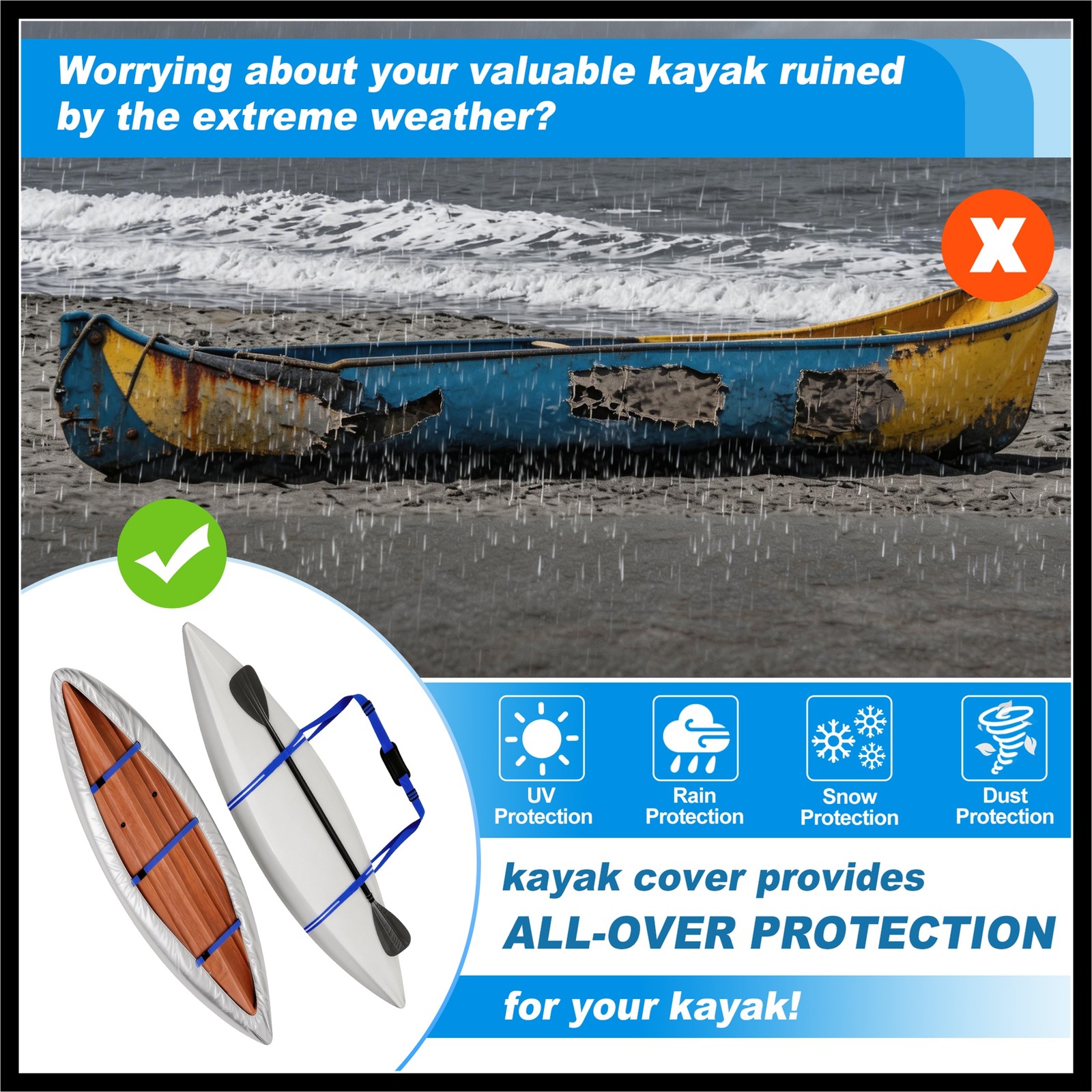Heavy Duty Kayak Cover Waterproof UV Protection Fit for 10.8ft-12ft Silver Tone