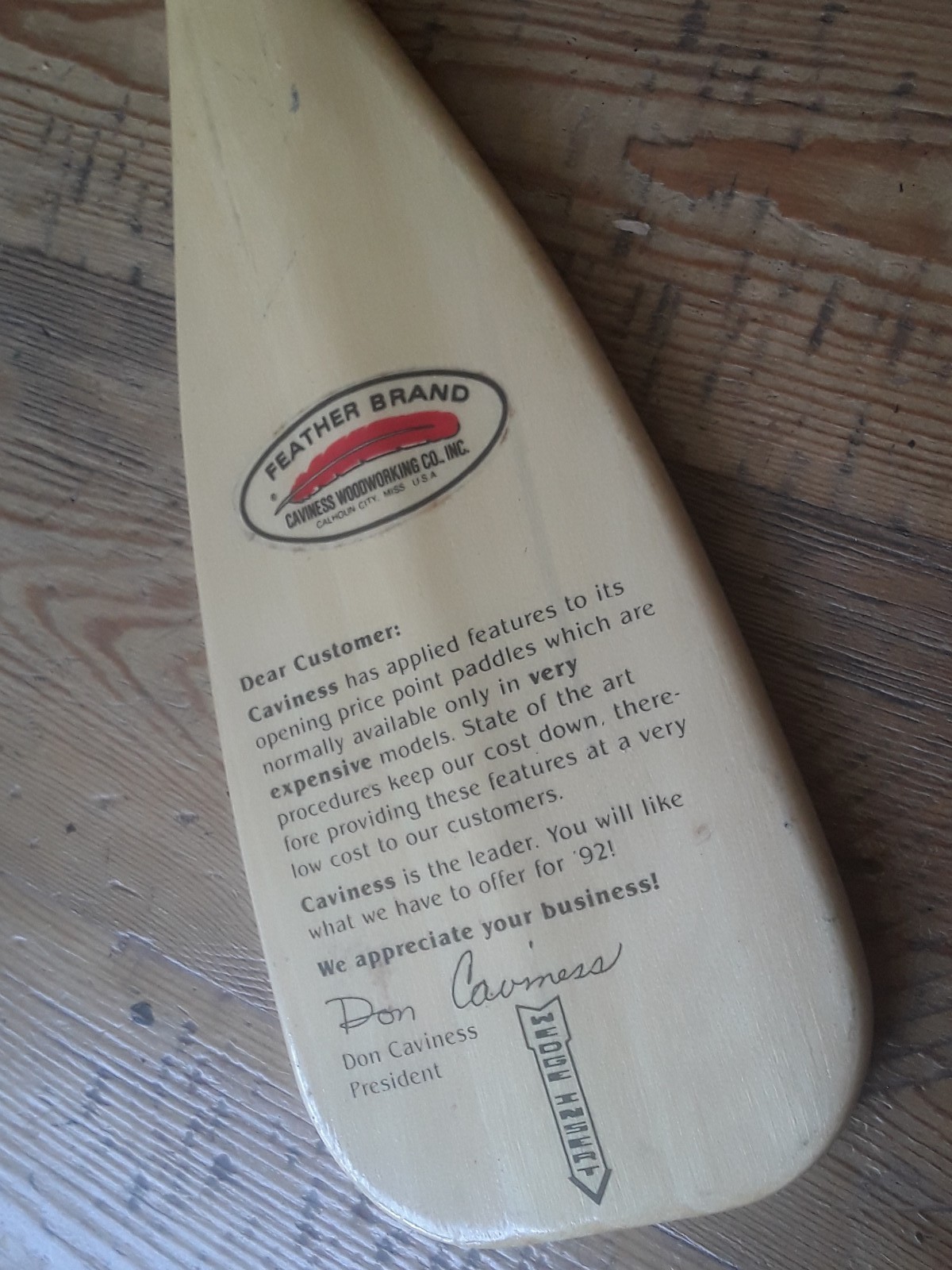 Vintage Pair Feather Brand Caviness Co. Calhoun Minature Wooden Canoe Paddles
