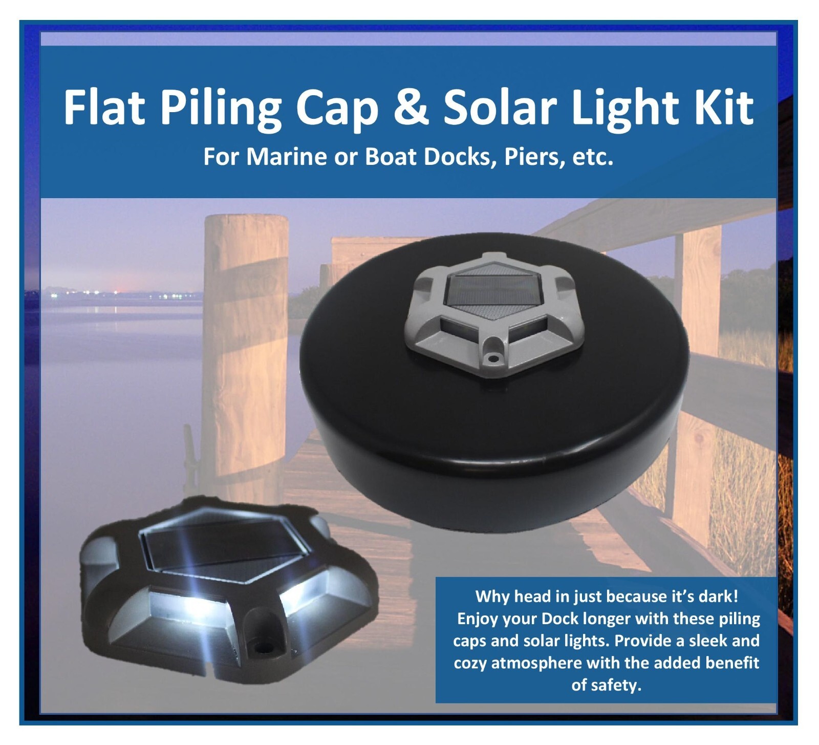White Flat Dock Piling Cap with Outdoor Solar Powered Waterproof LED White Light