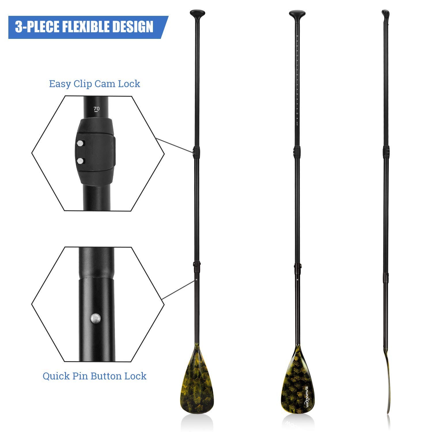 SUP Paddle Adjustable 3 Piece Fiberglass Stand-Up Paddles Floating Portable P…
