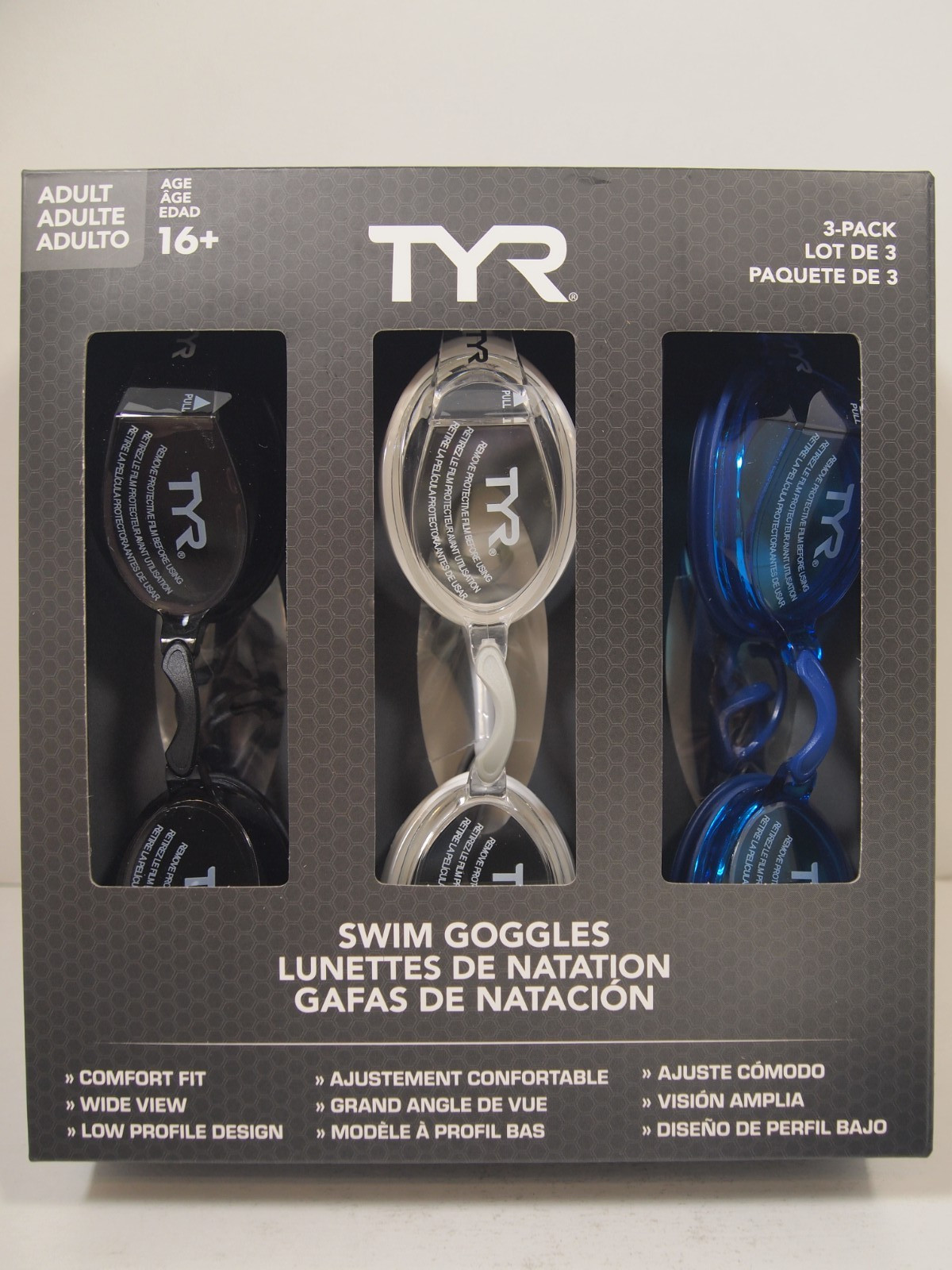 TYR Adult Swimming Goggles 3 Pack Black/White/Blue UV Protection Swim Pool