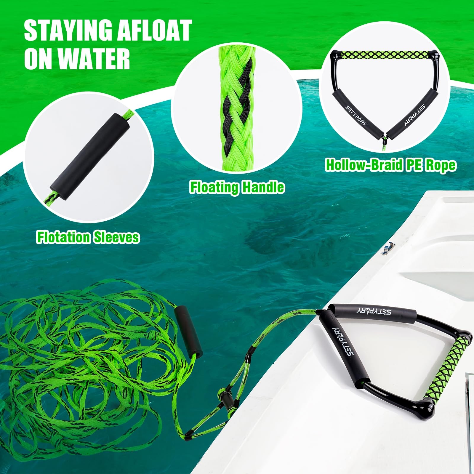SETYPARY 75FT Wakeboard Rope and Handle, Floating Water 75ft, Green & Black
