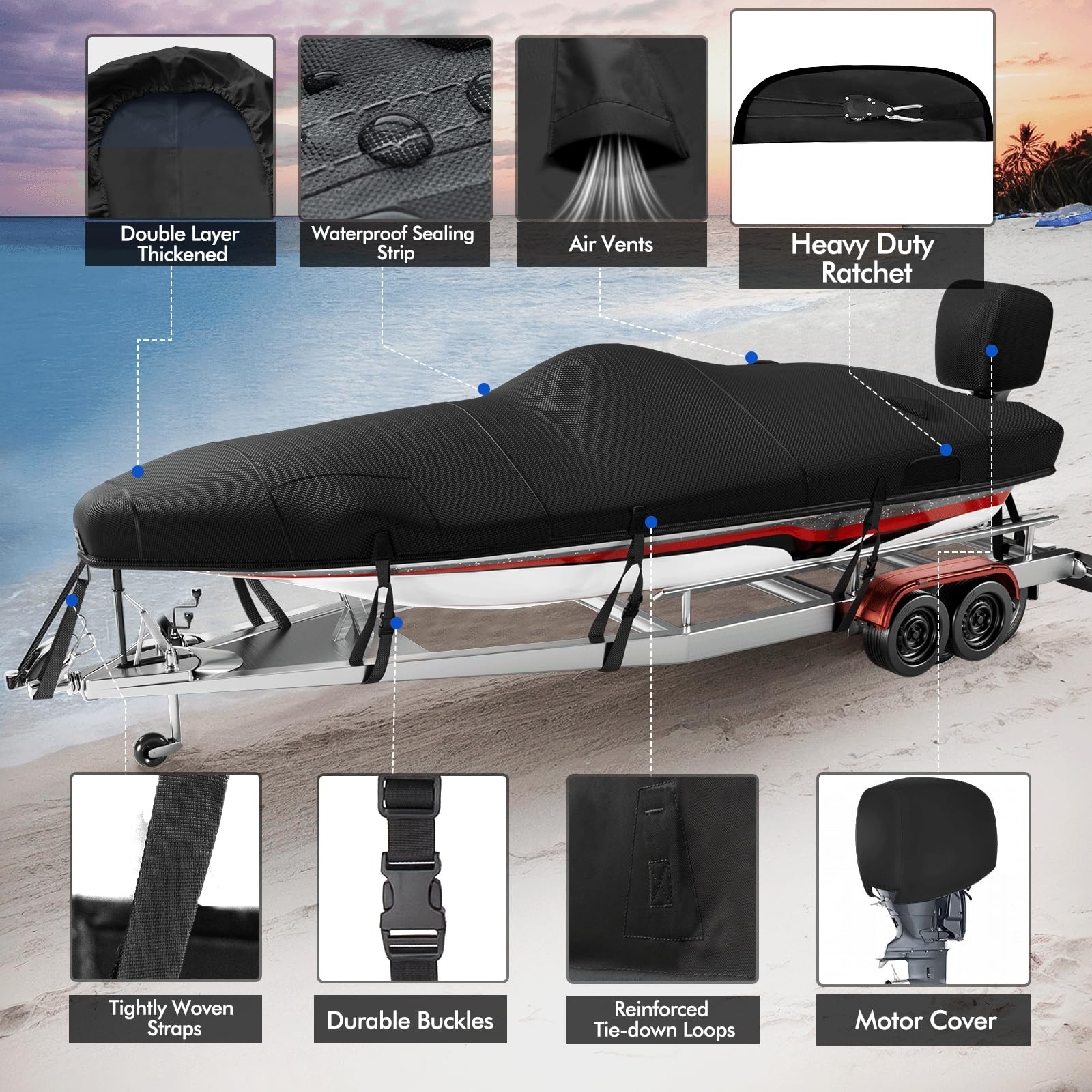 1200D Ratchet Custom Trailerable Bass Boat Cover 20-22ft,Black | Ratchet to F…