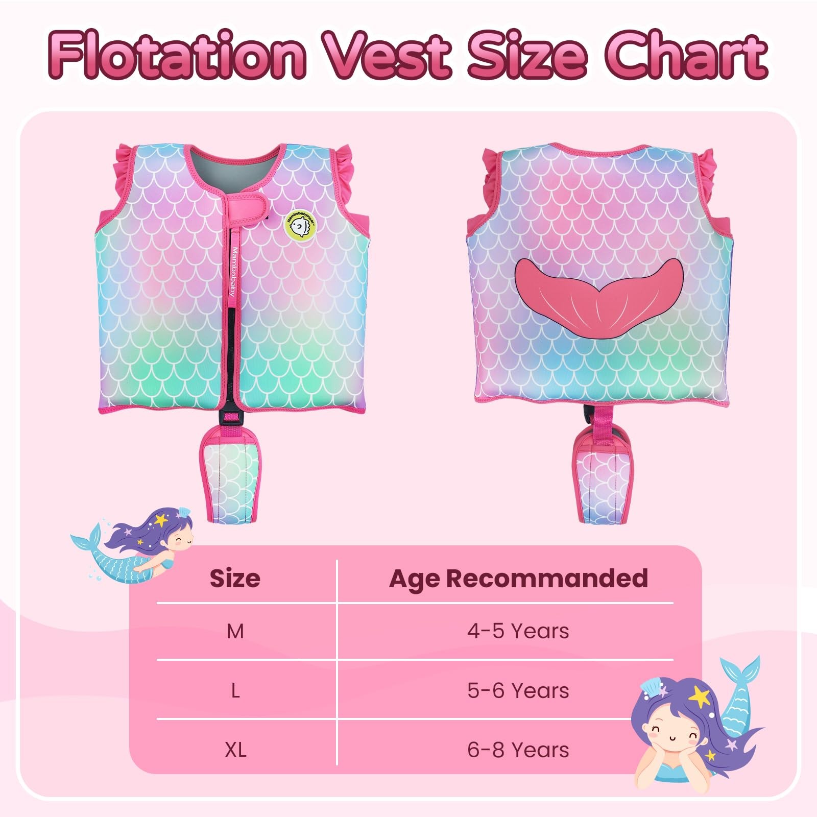 Mambobaby Toddler Swim Vest with Built-in Detachable L (5-6 Years), Mermaid