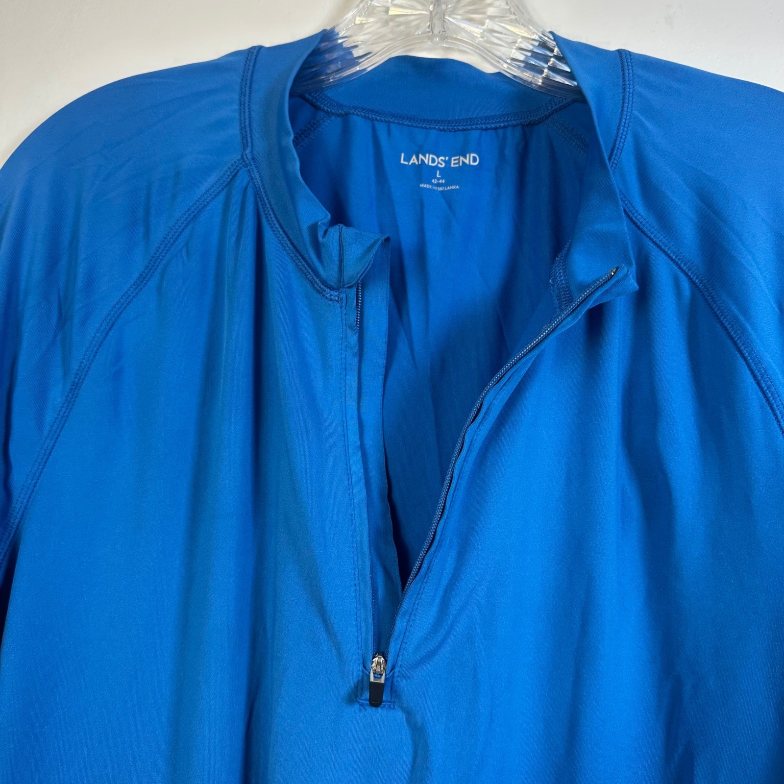 Lands End Mens Blue Gray Quarter Zip Short Sleeve Rash Guard Swim Shirt L 42-44