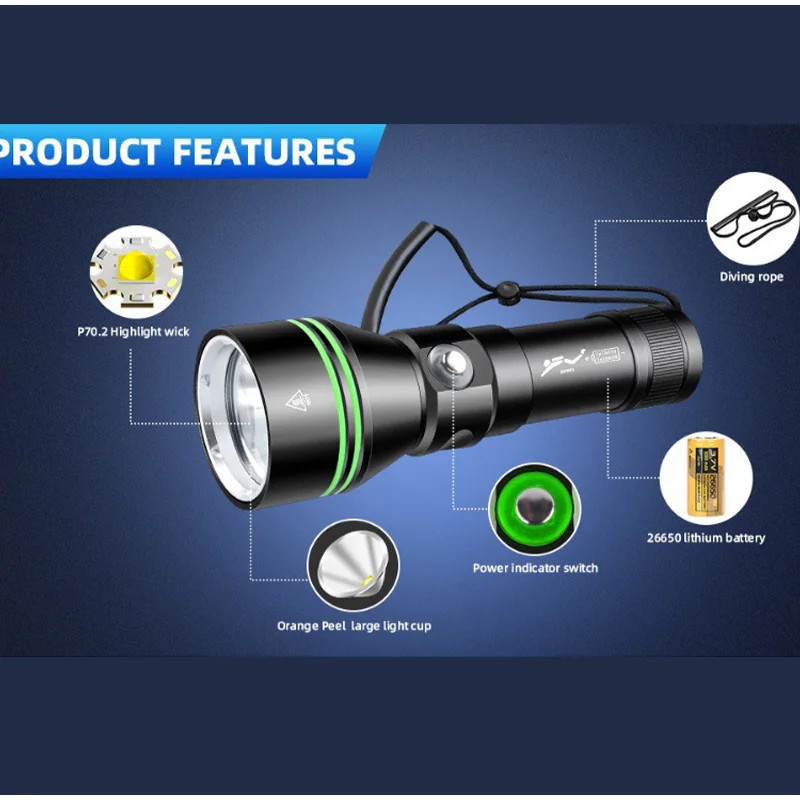 300000LM Professional Diving P70 Flashlight Underwater 200M Spearfishing Torch