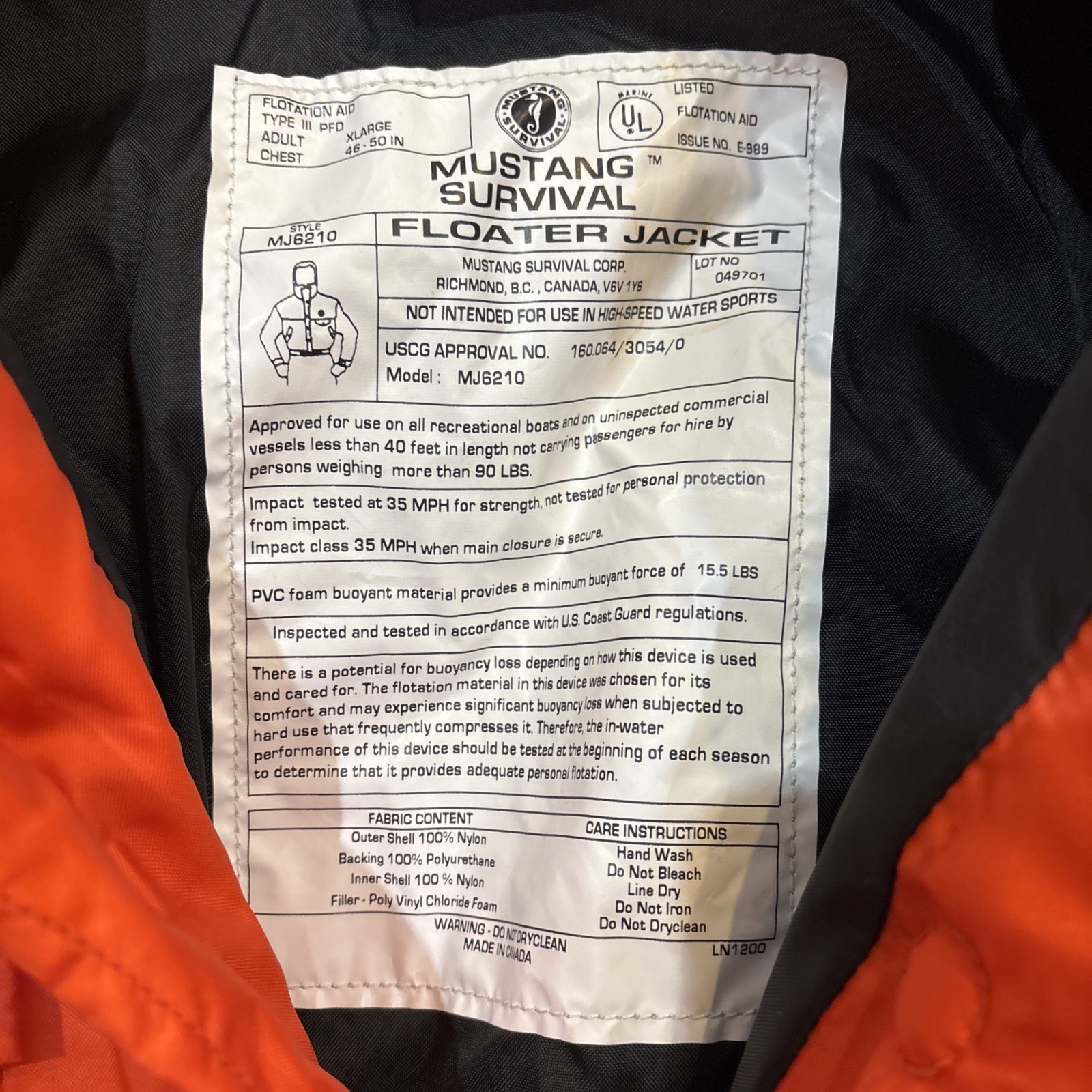 Mustang Survival High-Viz Flotation Bomber Jacket Orange Size XL 46-50