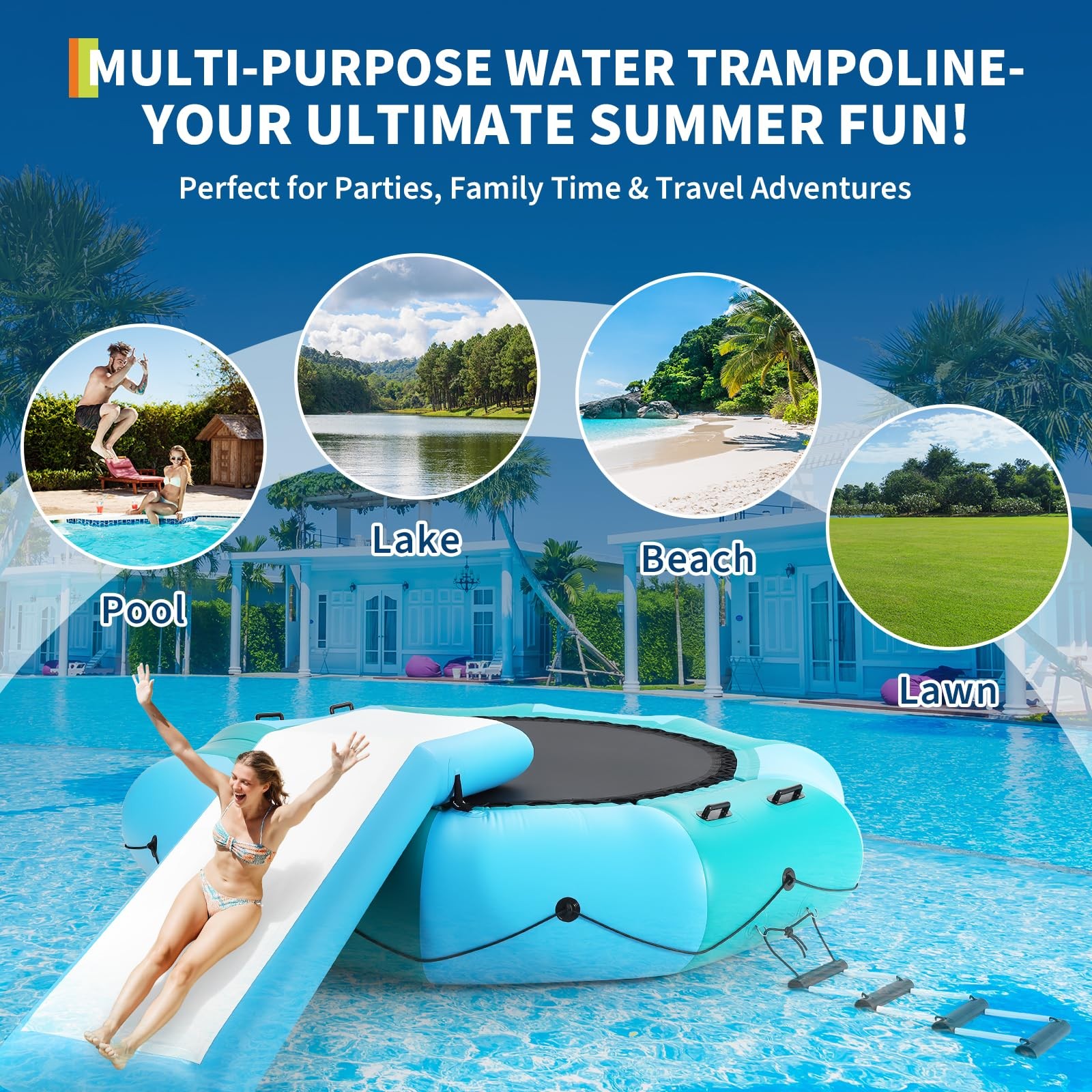 10FT Inflatable Water Trampoline with Ladder Pump Anchor Kit for Lake and Pool