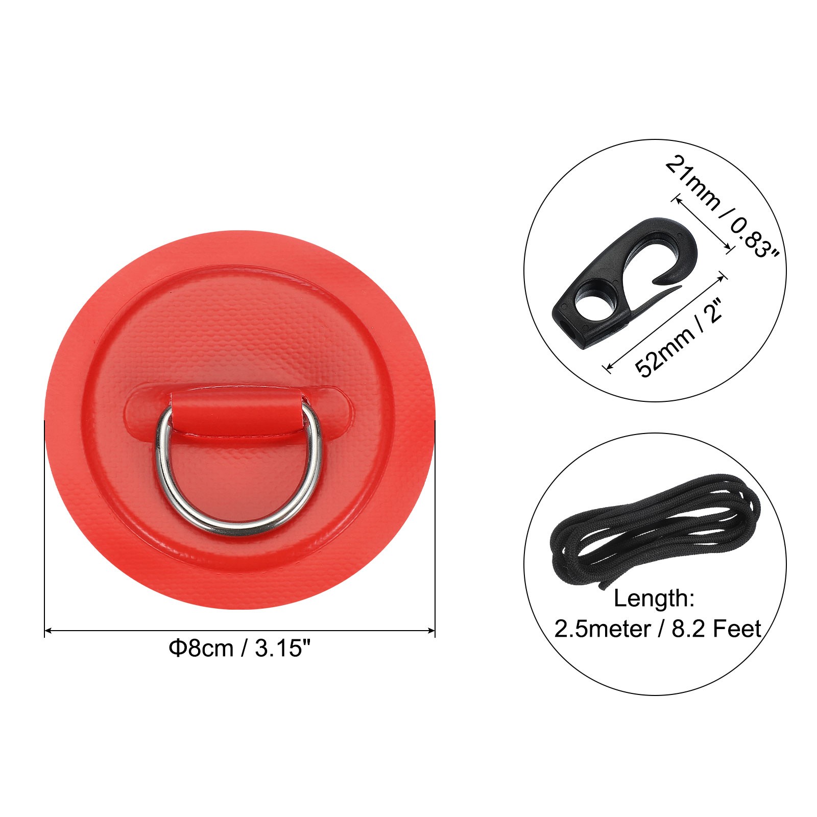 6Pcs Stainless Steel D-Ring Patch Round Patch with Elastic Cords & Hooks Red