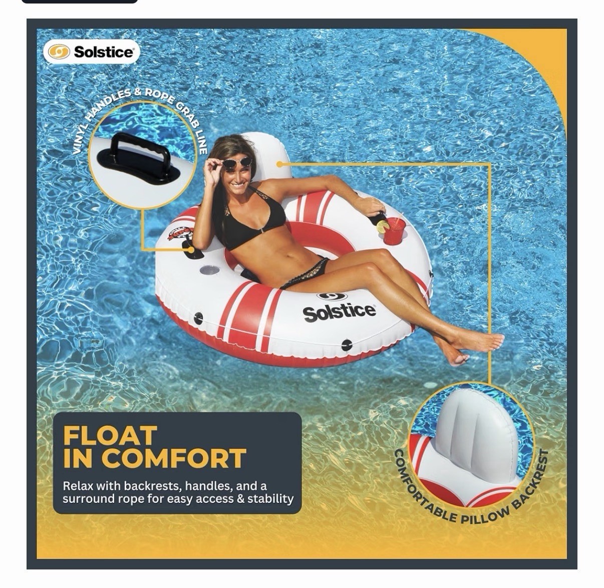 Solstice SuperChill Tube Inflatable Swim Float White/Red w/ Pillow Backrest