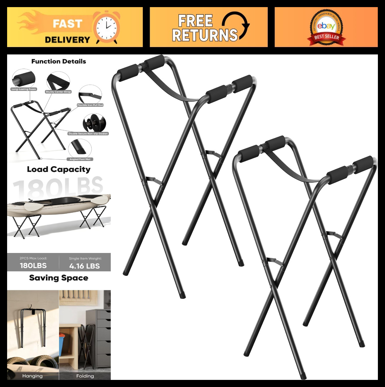 Heavy Duty Folding Kayak Stand – 180 lbs Capacity Storage Rack for Canoe, SUP &