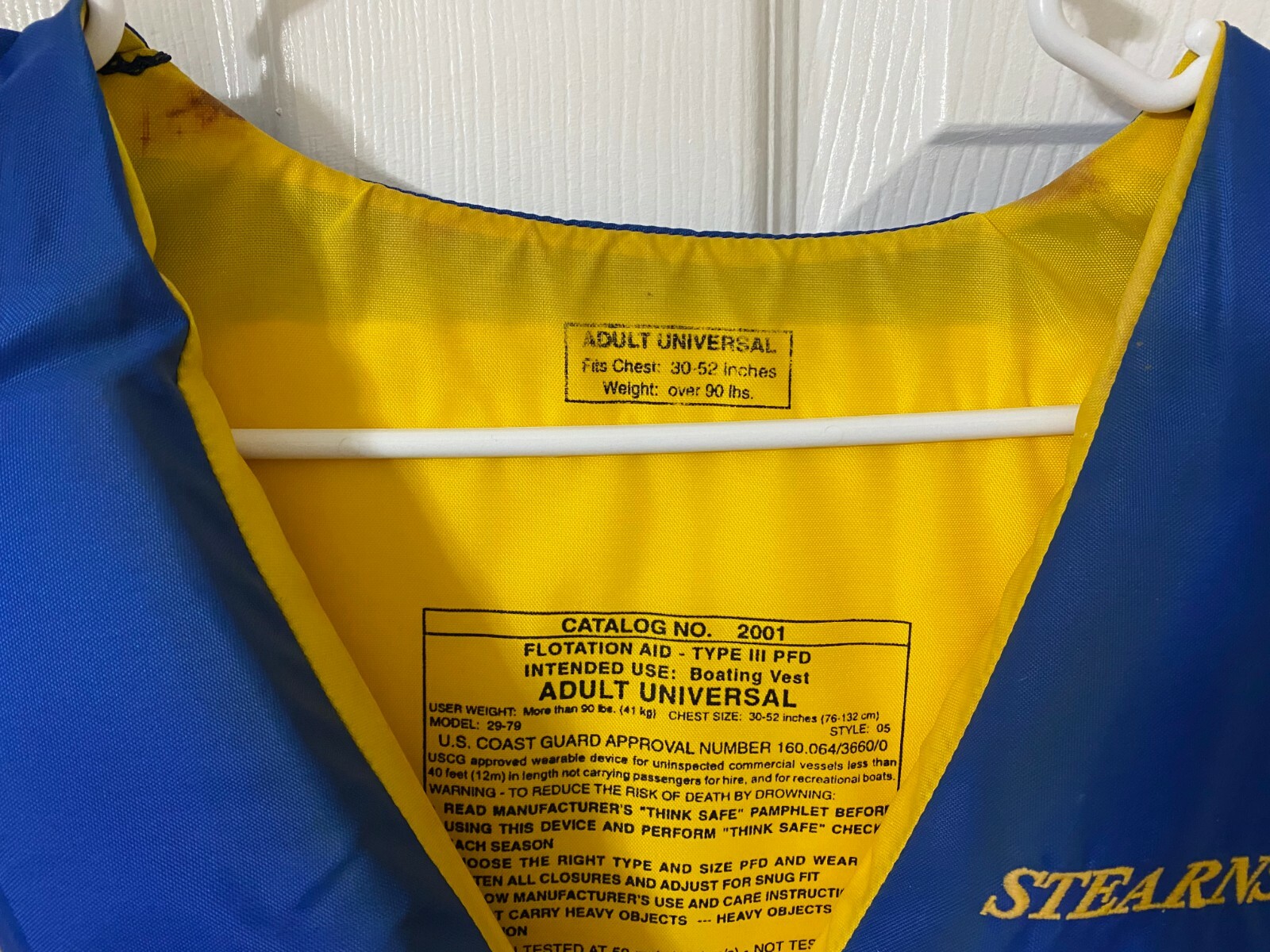 STEARNS COAST GUARD APV. ADULT  LIFE JACKET CHEST size 30-52in OVER 90 LBS