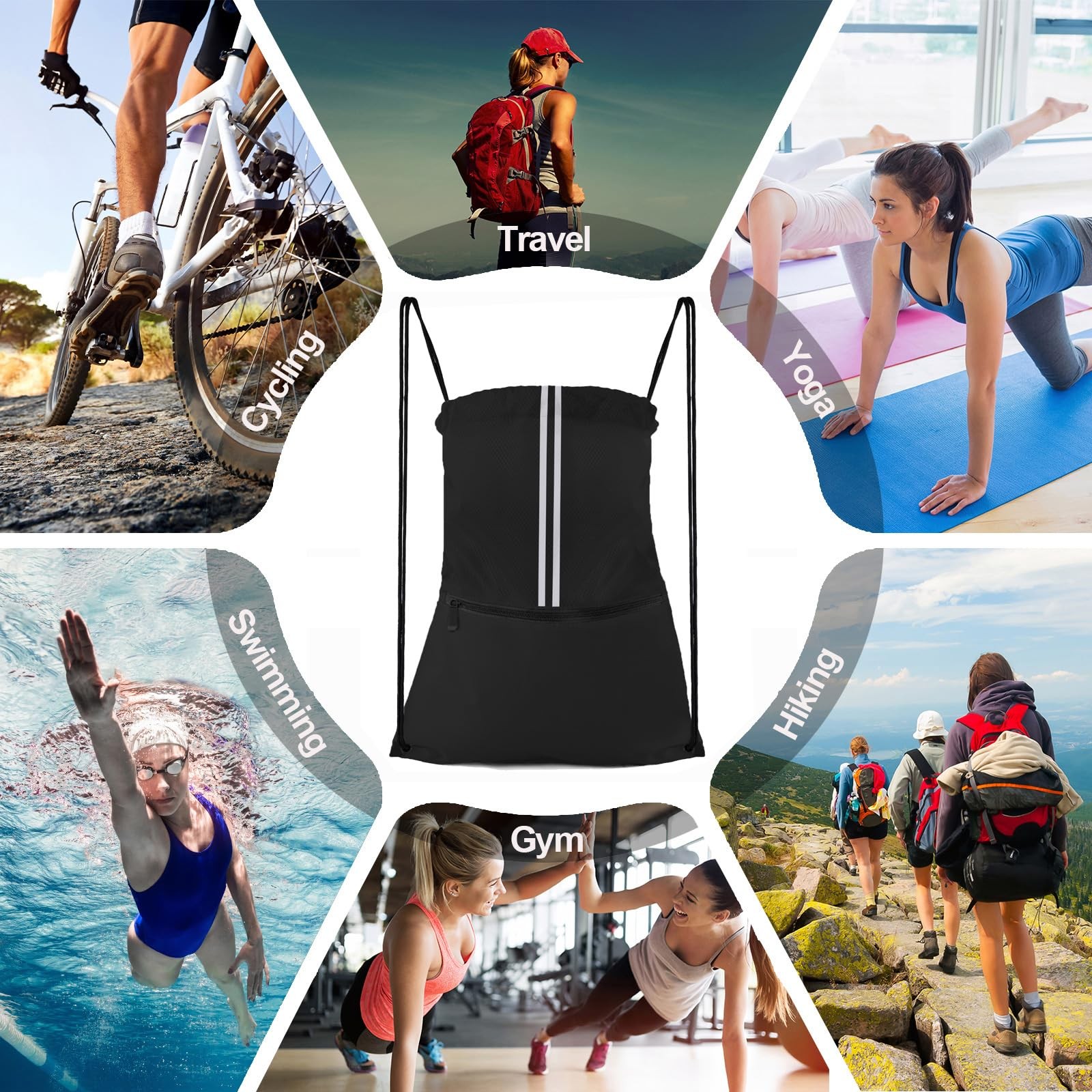JOYNYON Drawstring Backpack Sports Gym Bag, Draw String Large, Two Tone Black
