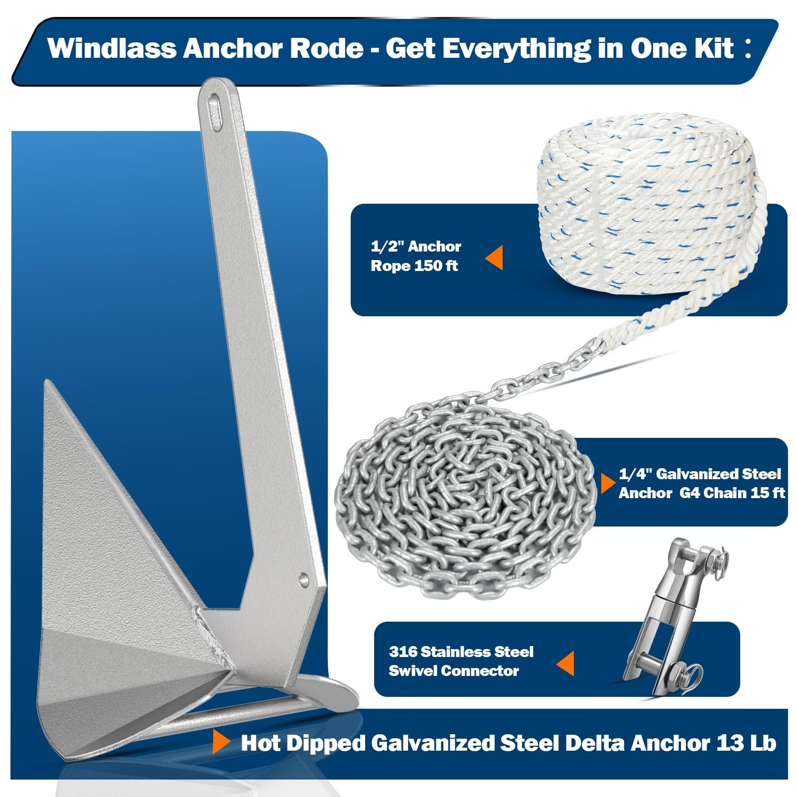 Boat Anchor Kit Hot Dipped Galvanized Steel Delta Anchor 13 Lb,1/2 Anchor Rop…