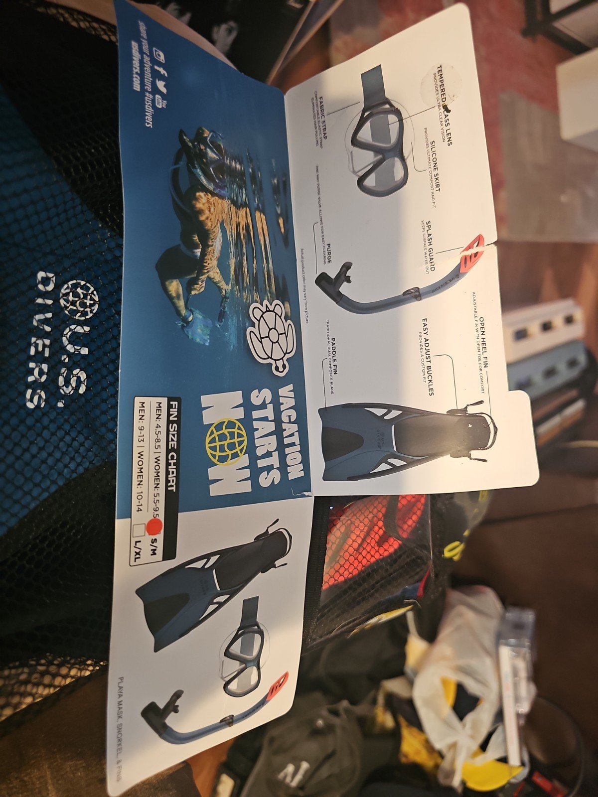 NEW U.S. Divers Playa Adult Snorkel Set Blue Size S/M Men 4.5-8.5 Women 5.5-9.5
