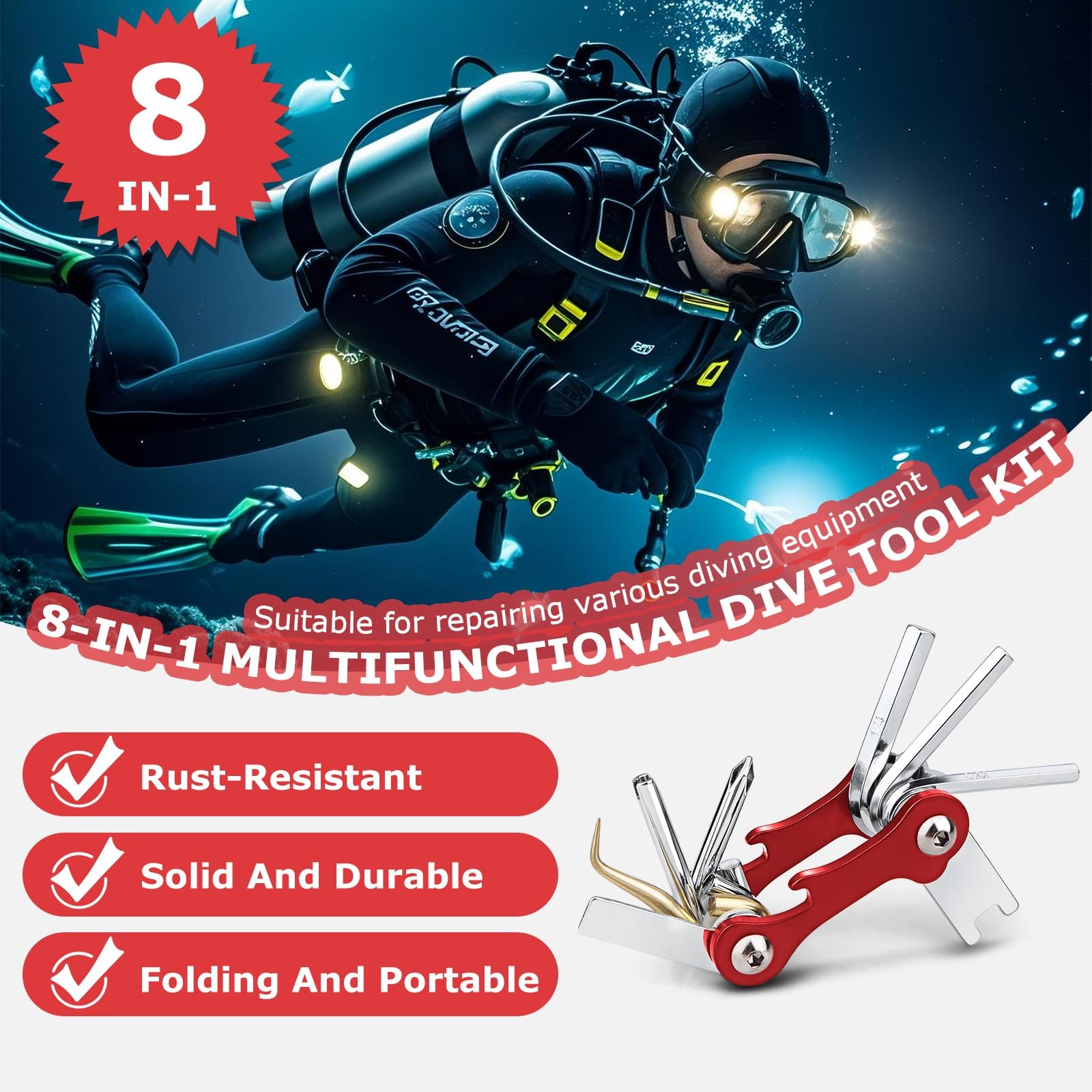 Scuba Tools Kit, 8-in-1 Folding Stainless Steel Diving Multi-Tool Repairing S…