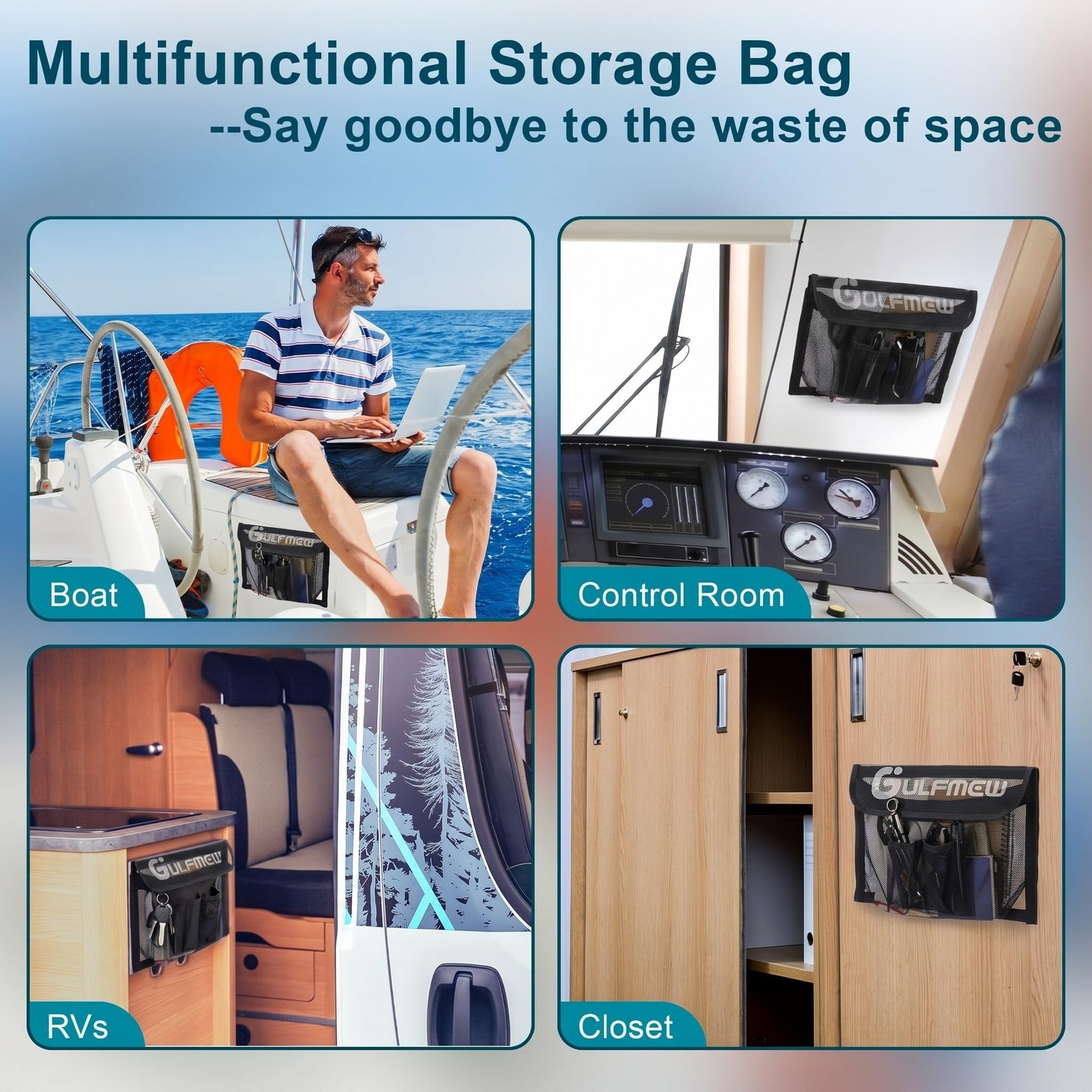 1 PCS 14″ X 9.8″ Boat Storage Bag Secure Lid 2 Pockets Mesh Organizer Adhesive