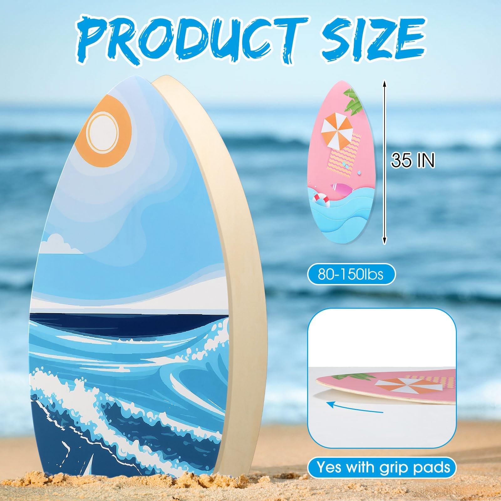 2 Pack 35 Inch Skimboard with High Gloss Coat Wooden Skim Boards Beach Skimbo…