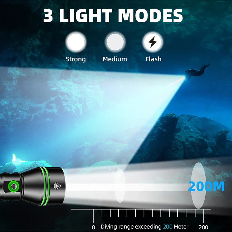 300000LM Professional Diving P70 Flashlight Underwater 200M Spearfishing Torch