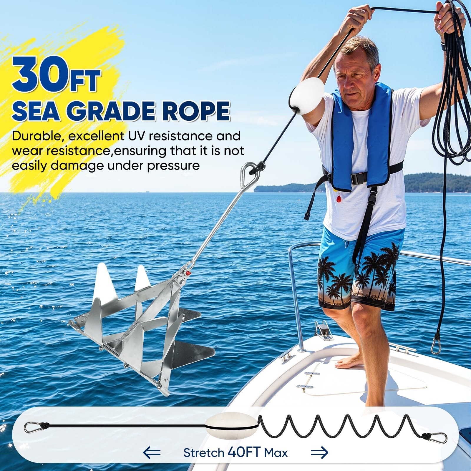 9 lb Galvanized Steel Boat Anchor Kit Folding for Small and Medium Boats