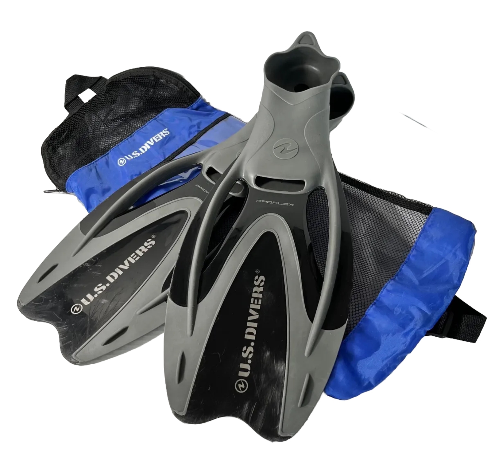 U.S. Divers Proflex II Size Extra Large Diving Swimming Fins Black Gray Blue Bag