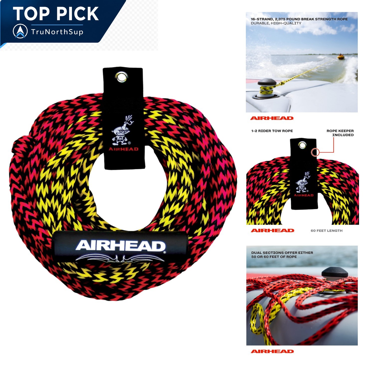 2-4 Person Tow Rope 60 ft Heavy Duty Inflatable Tube Towline UV Resistant Pol…