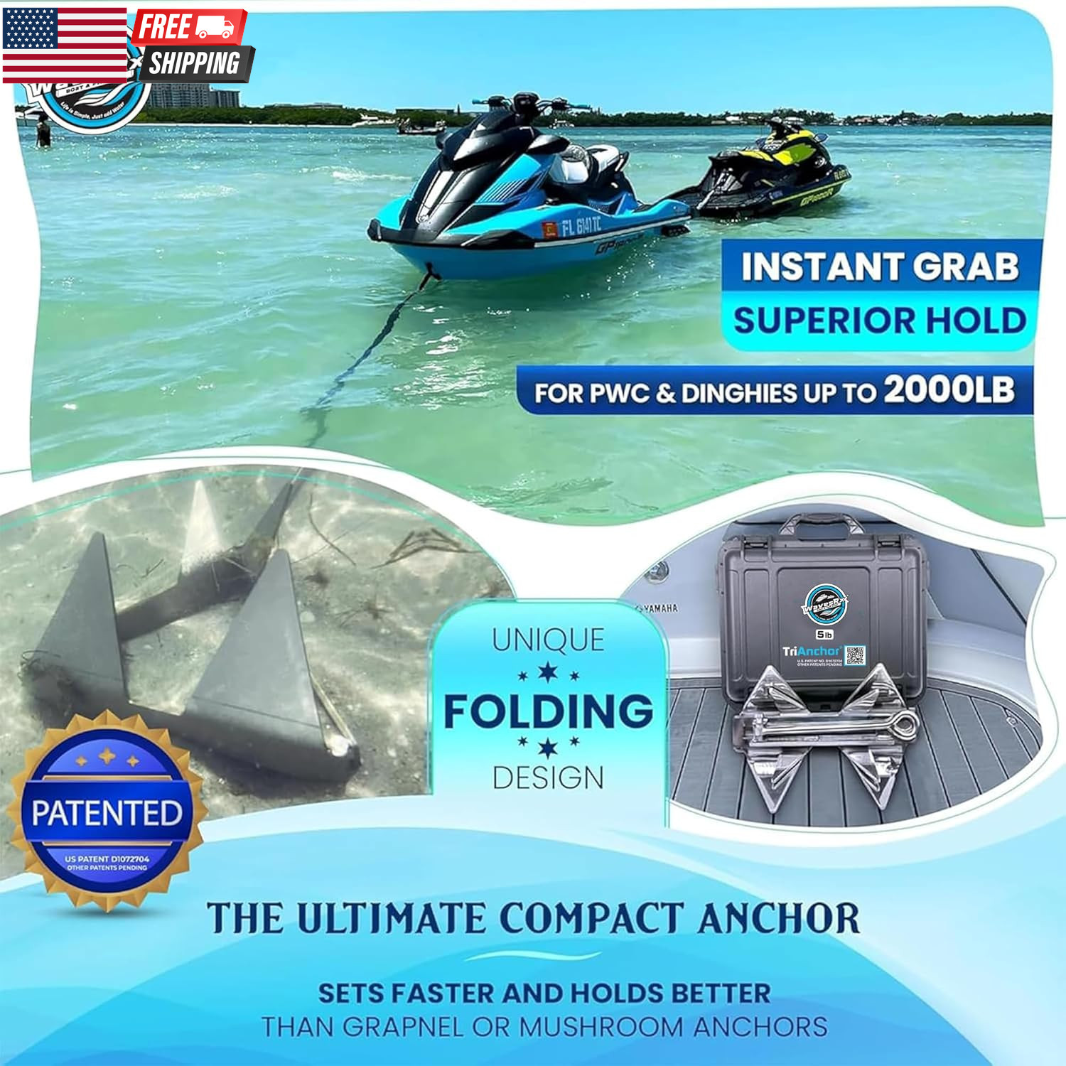 Trianchor – Stainless Steel Folding PWC & Boat Anchor | Sets Instantly for Effor