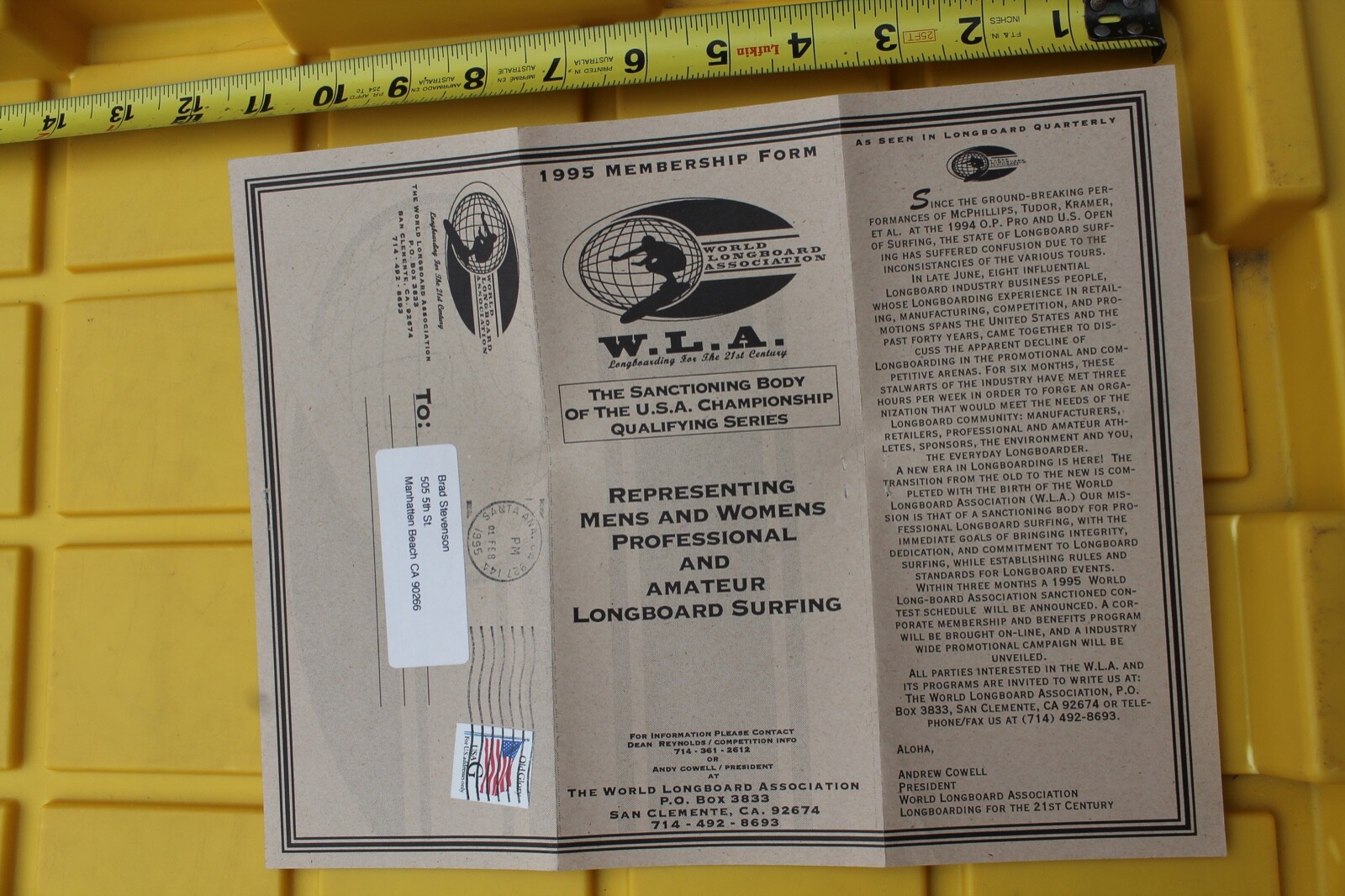 World Longboard Association WLA Vintage 1995 Surfing Original Application Form