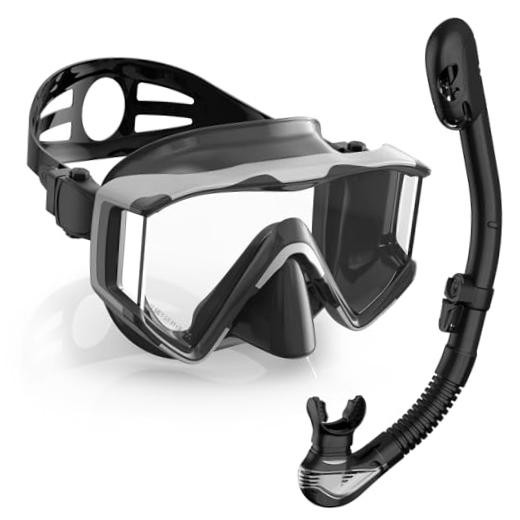 Snorkel Set Pano 3 Window Snorkel Mask Adult, Panoramic Wide Black Silver