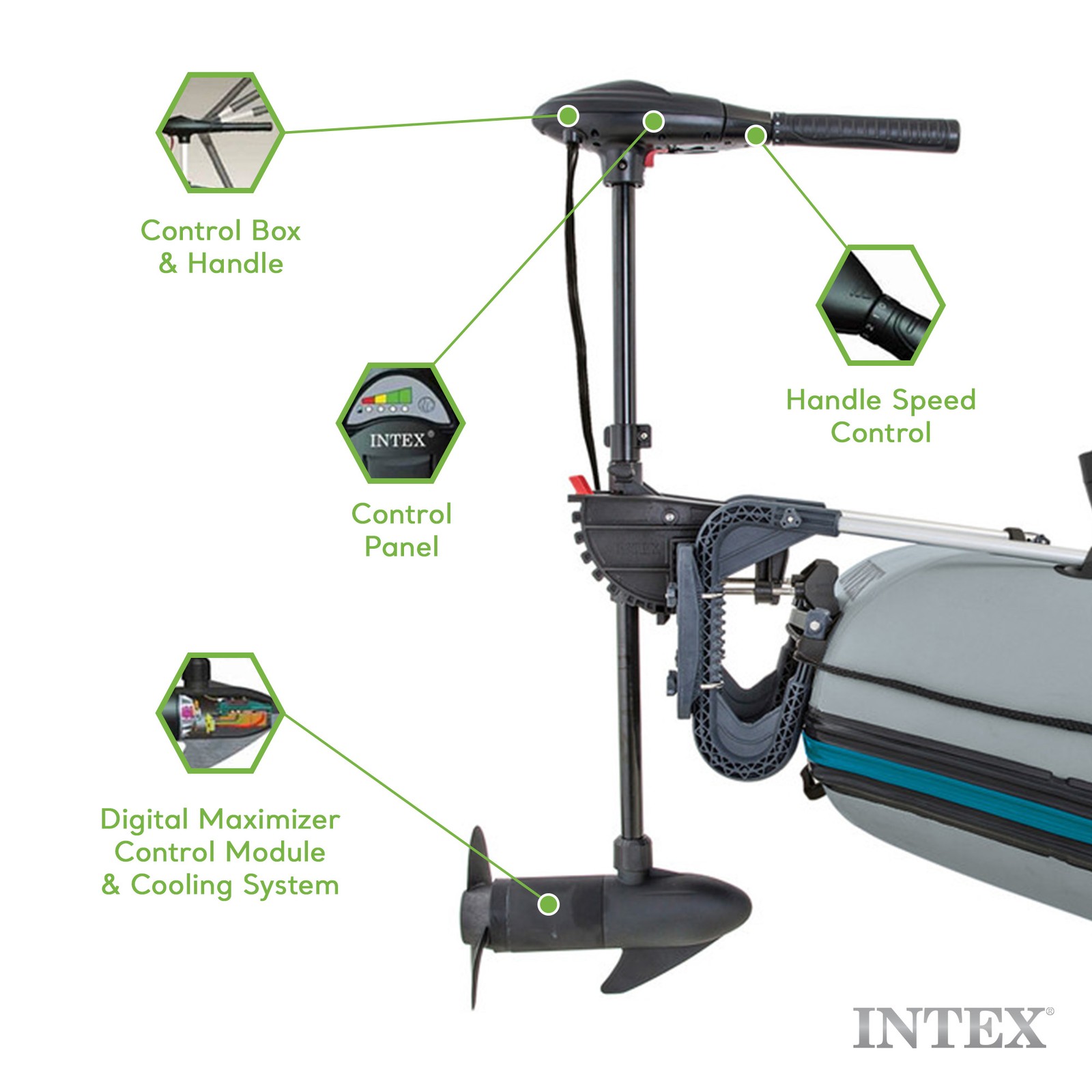 Intex 5 Person Inflatable Fishing Boat, Trolling Motor and Boat Motor Mount Kit