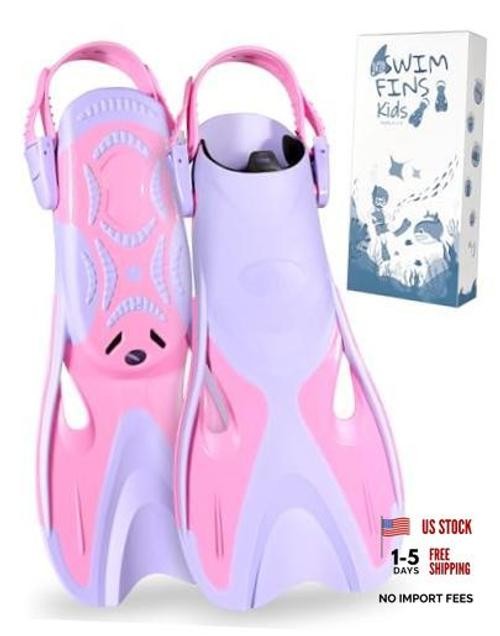 Kids Swim Fins, Adjustable Snorkel Fins Travel Size S/M(9-1) PinkPurple