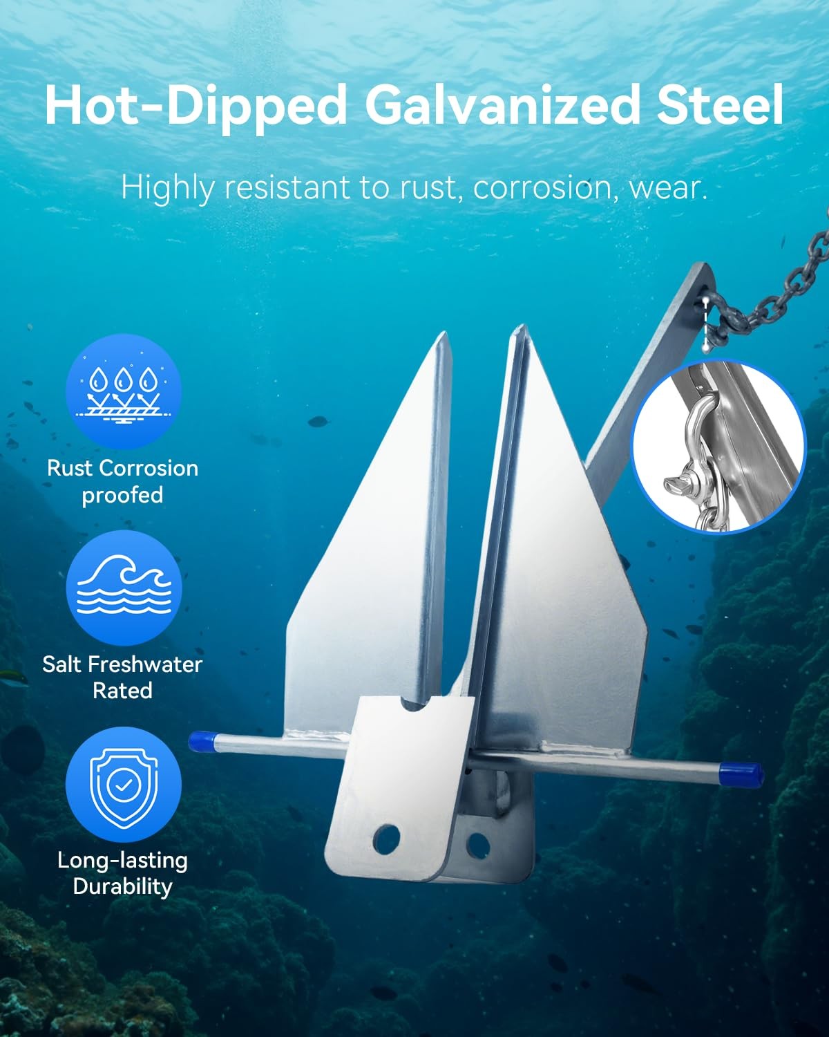 Boat Anchor Kit for 12-22 ft Boat, 8 lb Galvanized Boat Anchor